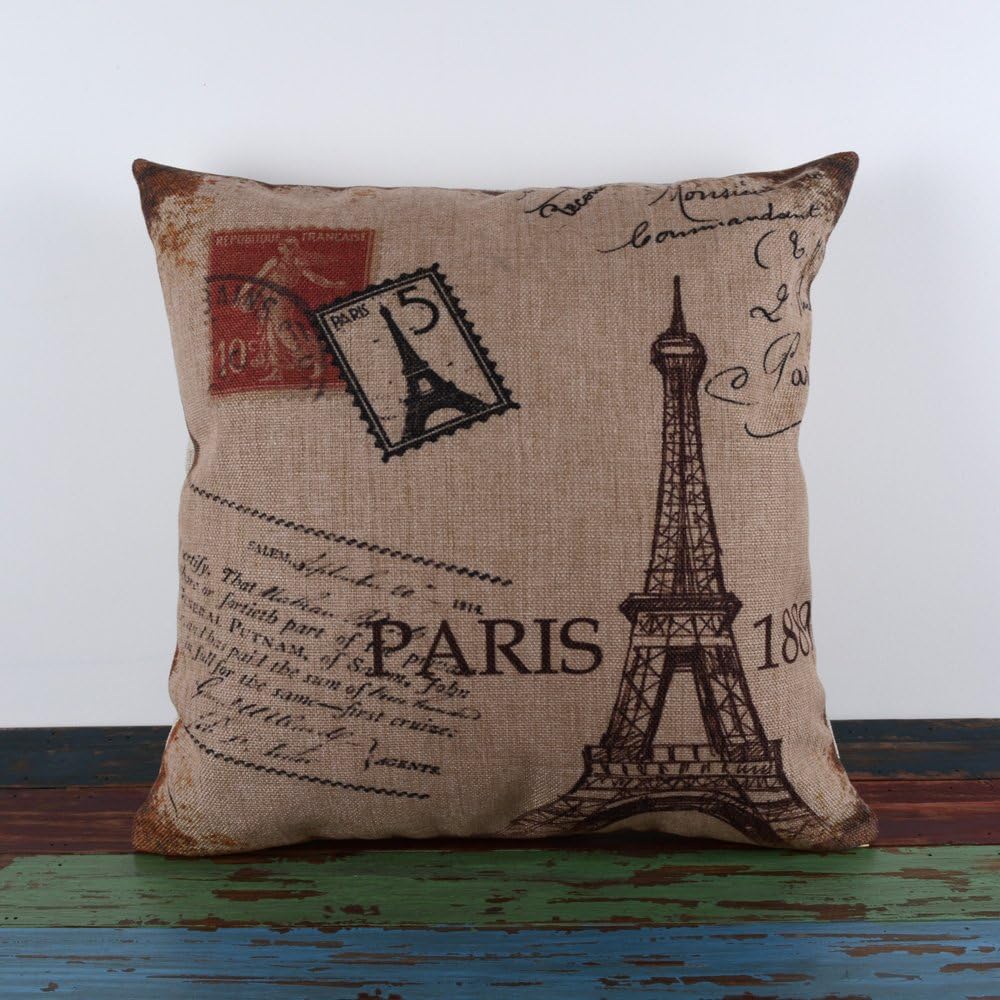 LINKWELL 18"x18" Vintage Paris Eiffel Tower Burlap Cushion Covers Pillow Case
