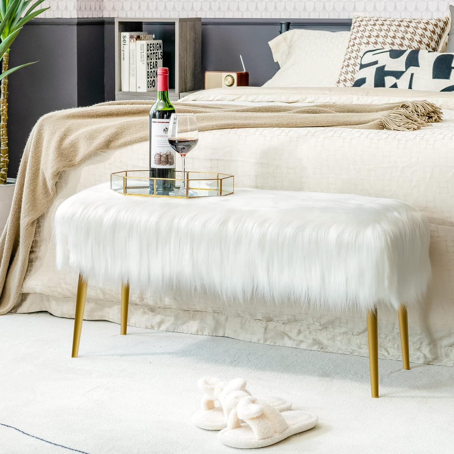 CHARMAID Vanity Stool for Makeup Room, Faux Fur Ottoman with Golden Metal Legs, Upholstered Entryway Shoe Bench End of Bed, Plush Fluffy Foot Rest Bedroom Living Room (White, 36'' x 14'' x 18'')