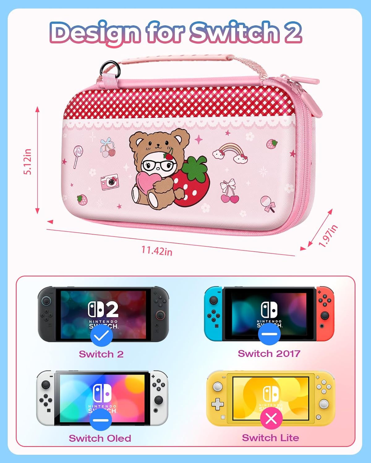Gurgitat for Nintendo Switch 2 Carrying Case - Bear Cute Kawaii Design with Handle and Strap for Switch 2 2025 Travel Cases Portable Storage Carry Protective Hard Shell for Women Girls Boys Teens - Image 3