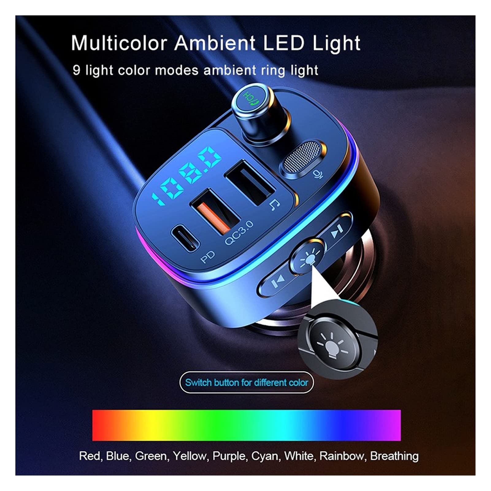 Adaptateur audio Bluetooth Lecteur MP3 de voiture Bluetooth 5.0 FÉMININ Kit de voiture mains libres de transmetteur PD QC 3.0 Double USB Transmetteur de lumières de l'atmosphère colorée du chargeur
