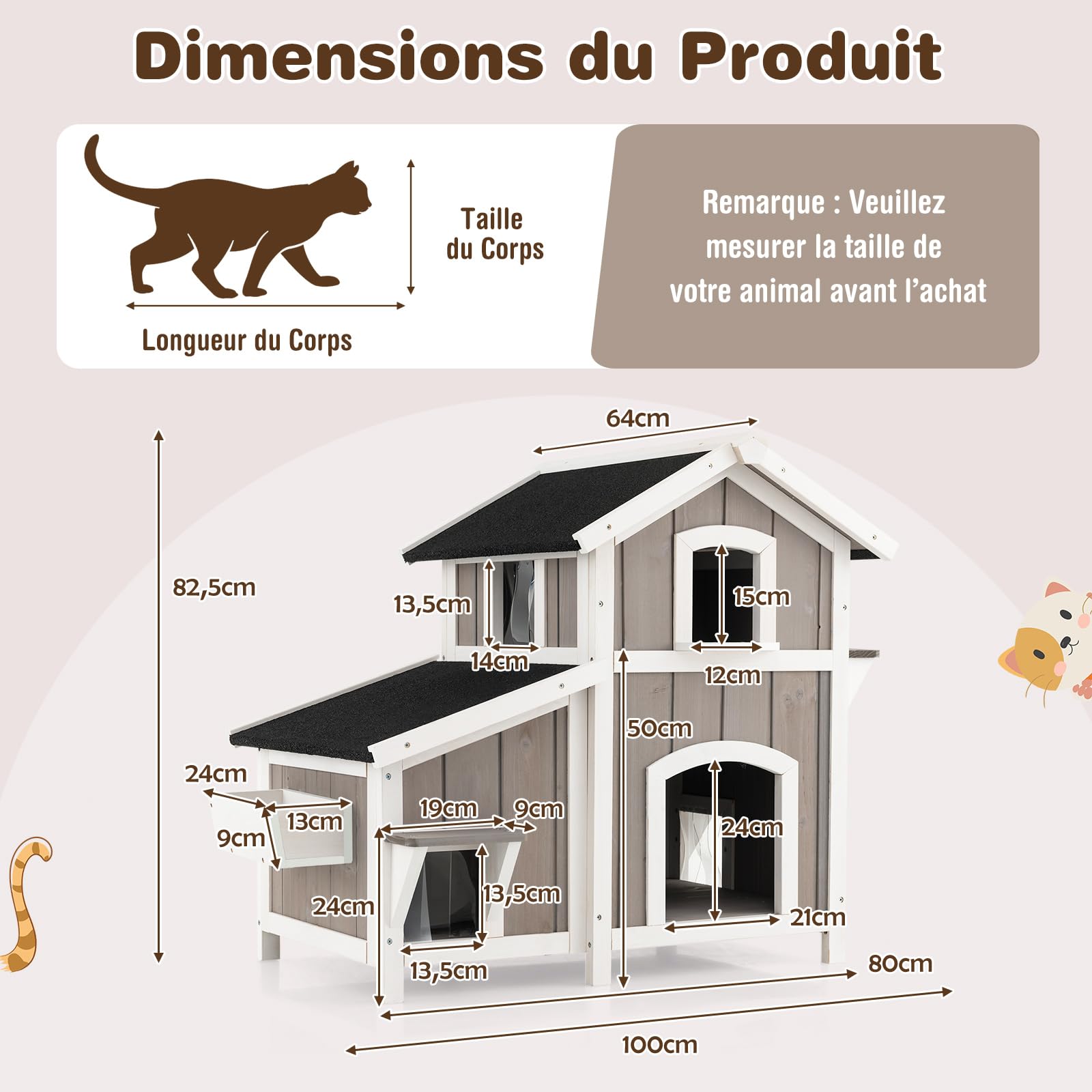 COSTWAY Niche pour Chat en Bois 2 Étage, 3 Compartiments avec Toit en Asphalte, Rideaux PVC, 6 Portes - Maison Exterieur/Interieur pour Lapin Chiot - 100 x 64 x 82,5 cm