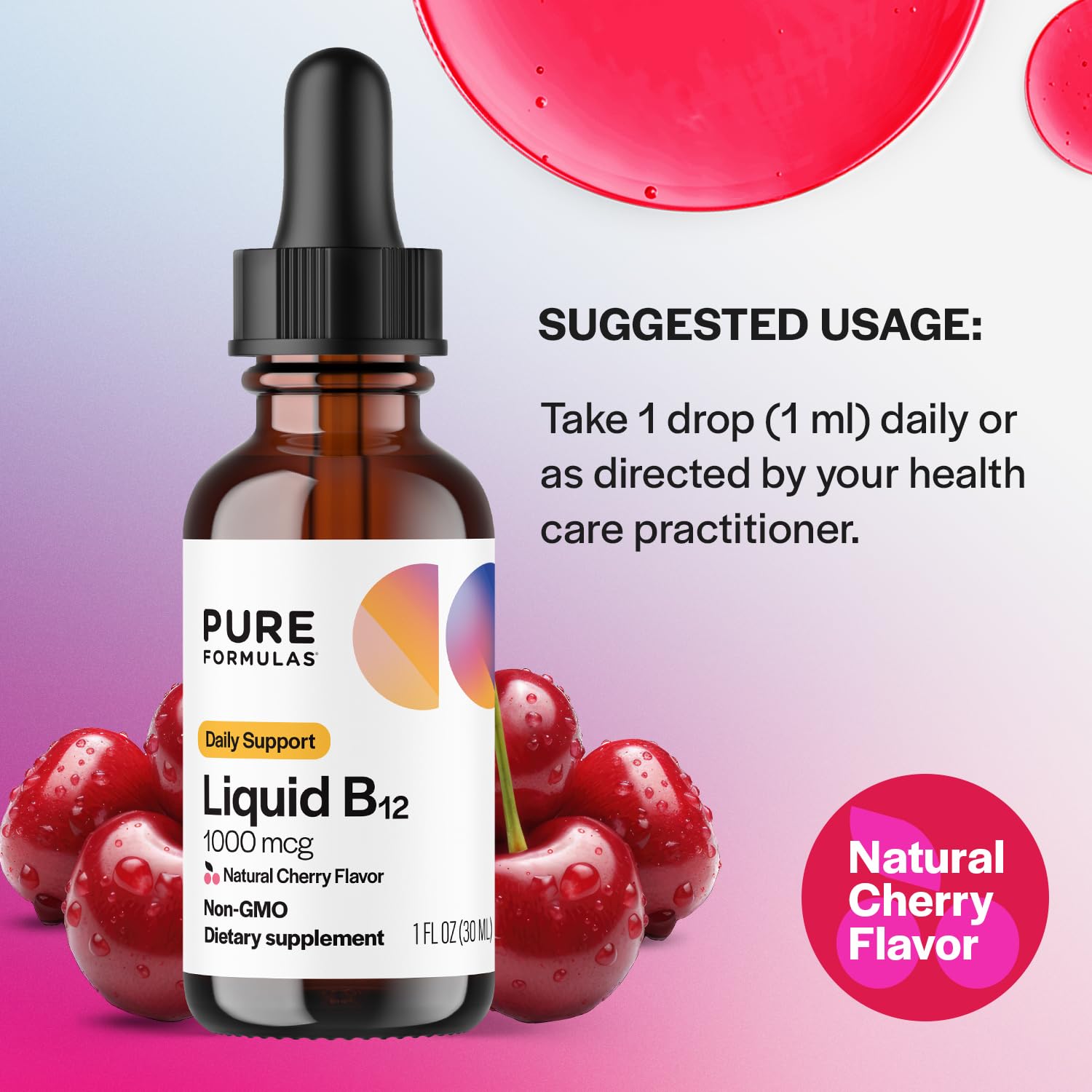 PureFormulas Liquid B12 1000 mcg - Natural Cherry Flavor B12 Sublingual Drops, Potent Daily Support for Energy & Wellness - Non-GMO, Allergen-Free - 1 fl. Oz. — Amazon image 4