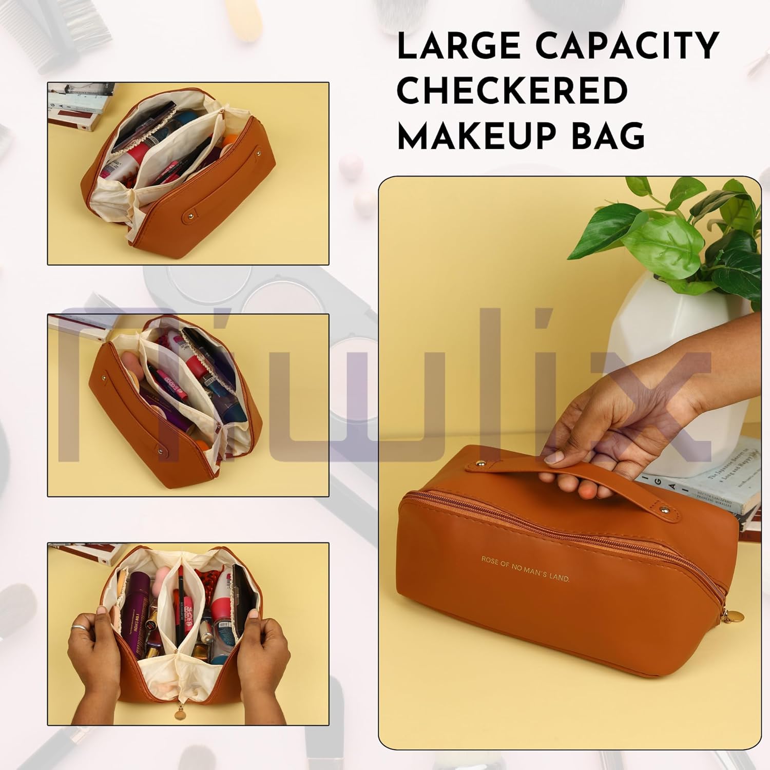Travel Cosmetic Makeup Pouches for Women Travel Organizer Bag Portable Pouch Open Flat Toiletry Bag Make Up Organizer with Divider and Handle, Brown, Travel Accessories