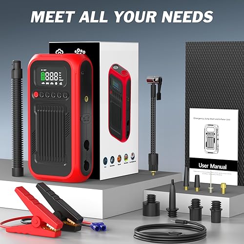 Miniatura 9 de Inflador de neumáticos, compresor de aire portátil, arrancador de coche de 12 V, bomba de aire de 150 PSI y 28000 mAh con soplador de aire,