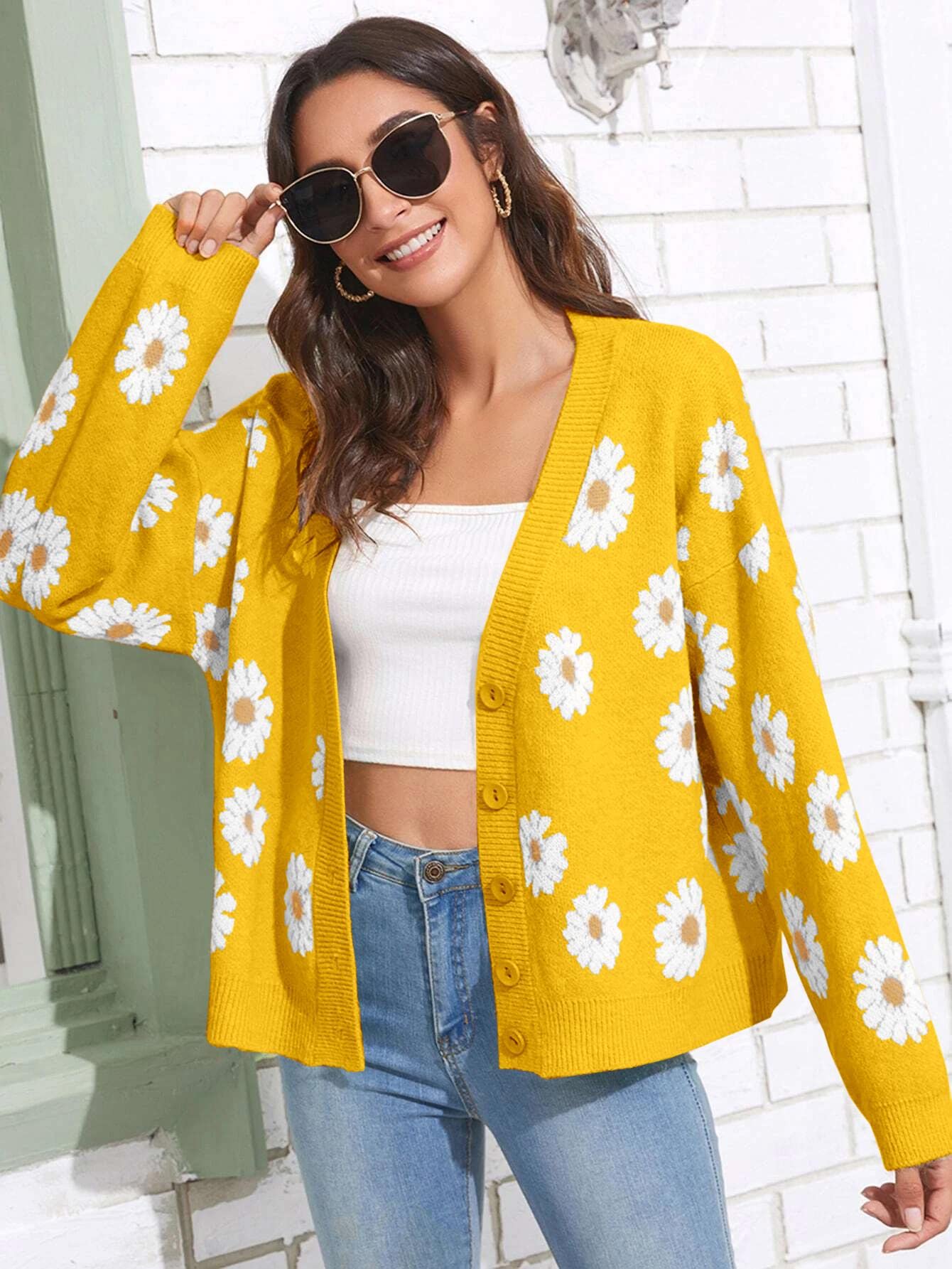 Women's Floral Print Cardigan Long Sleeve Open Front Button Down V Neck Knitted Sweaters