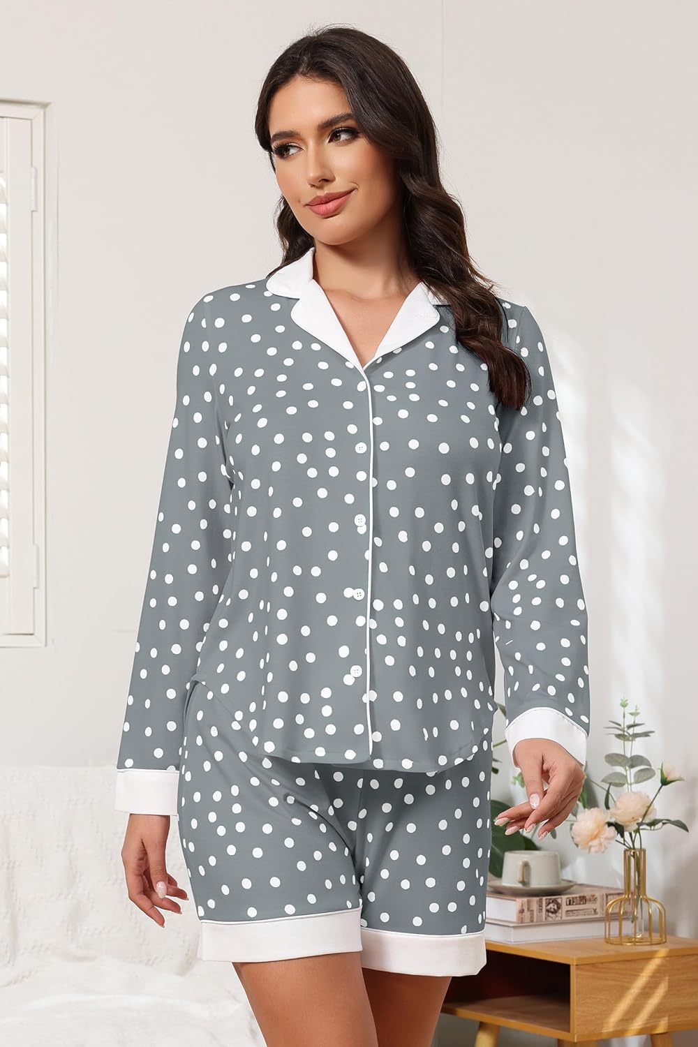 FKEEP Button Down Pajamas Sets Women Two-Piece Satin Silk Pjs Sets Loungewear Long Sleeve Sleepwear Shorts Nightwear Sets - Image 3