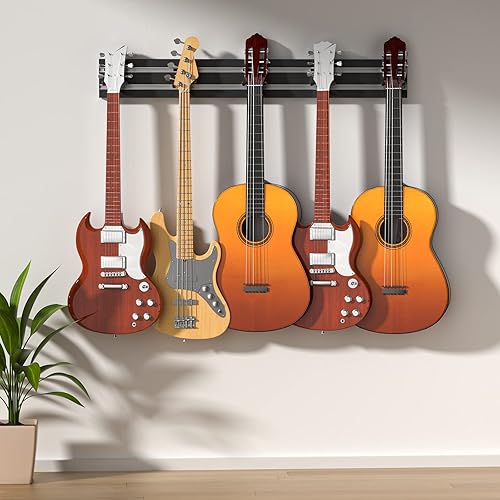 Miniatura 7 de GELTTULU Soporte de pared para guitarra, soporte de pared con 5 ganchos para guitarra, estante de almacenamiento de guitarra para bajo, violín,