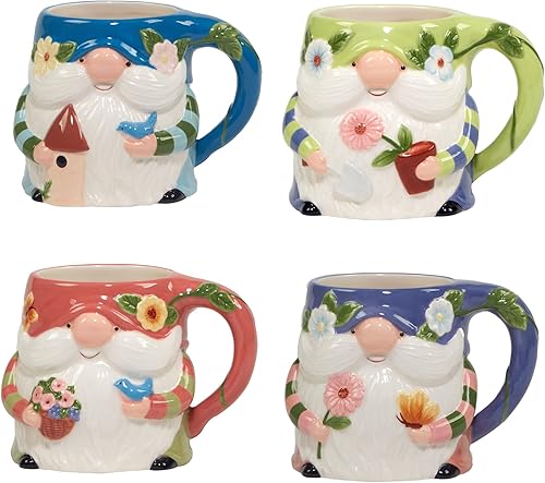 Certified International Gnomos de jardín de 16 oz. Tazas 3D juego de 4 diseños surtidos