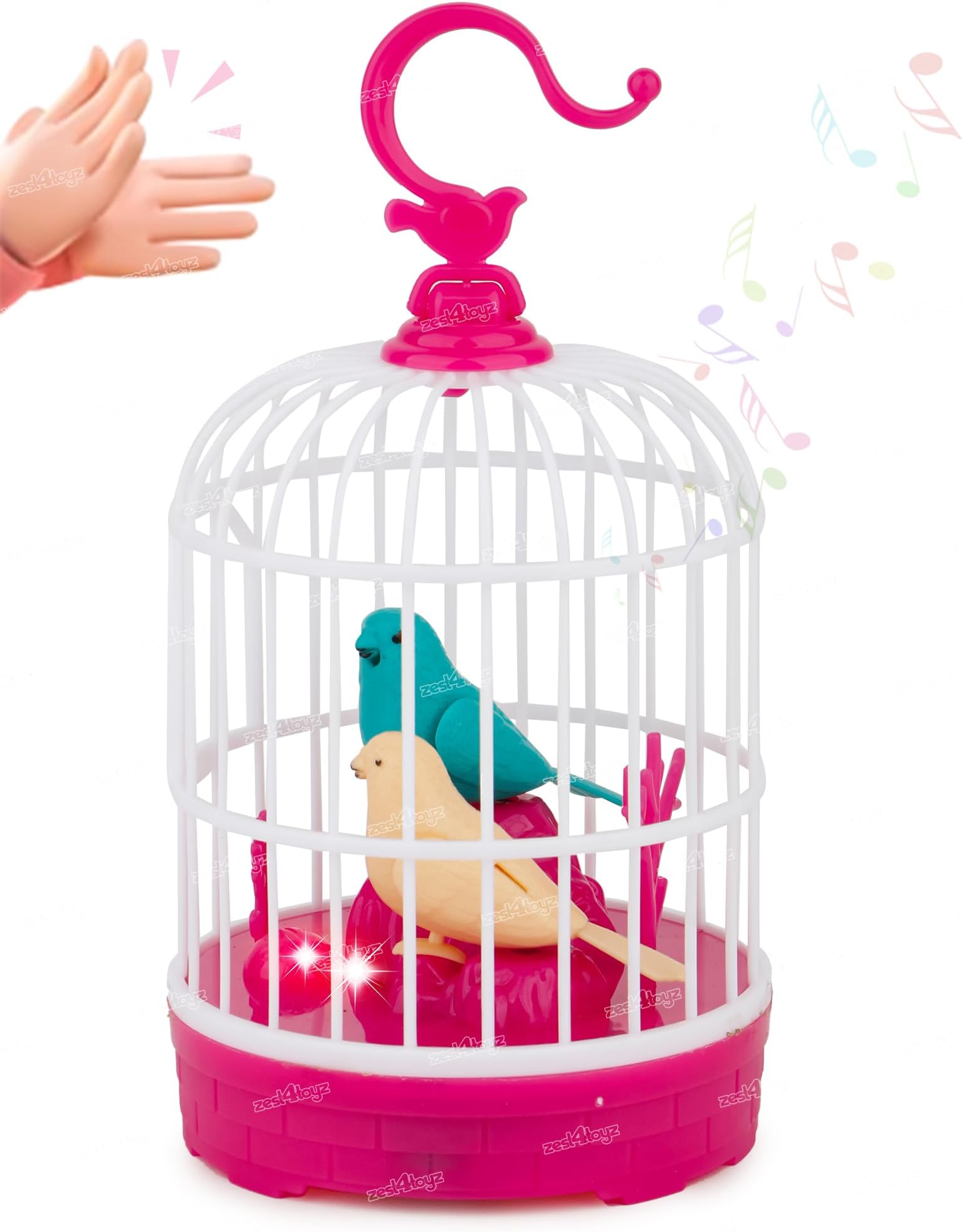 Zest 4 Toyz Beautiful Bird Pet Toy in Hanging Cage for Kids with Repeated Voice Music Clap Activation Light Effects Rotating Hanging Hook Moving Chirping for Home Décor & Living Room - (Multicolor)