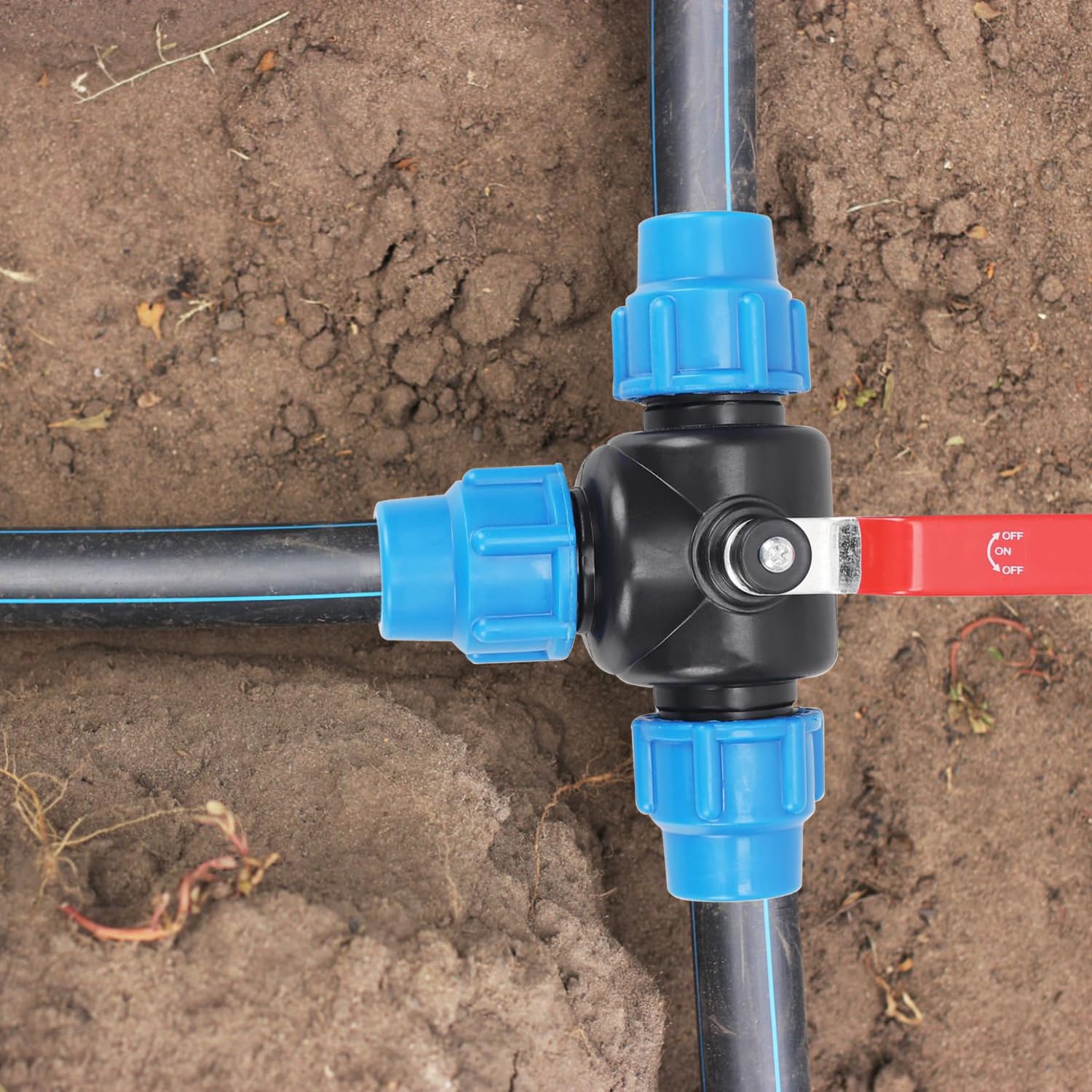 PP-Fitting, złącze zaciskowe, uchwyt dźwigniowy, zawór kulowy do rury PE (trójnik, 32 mm)