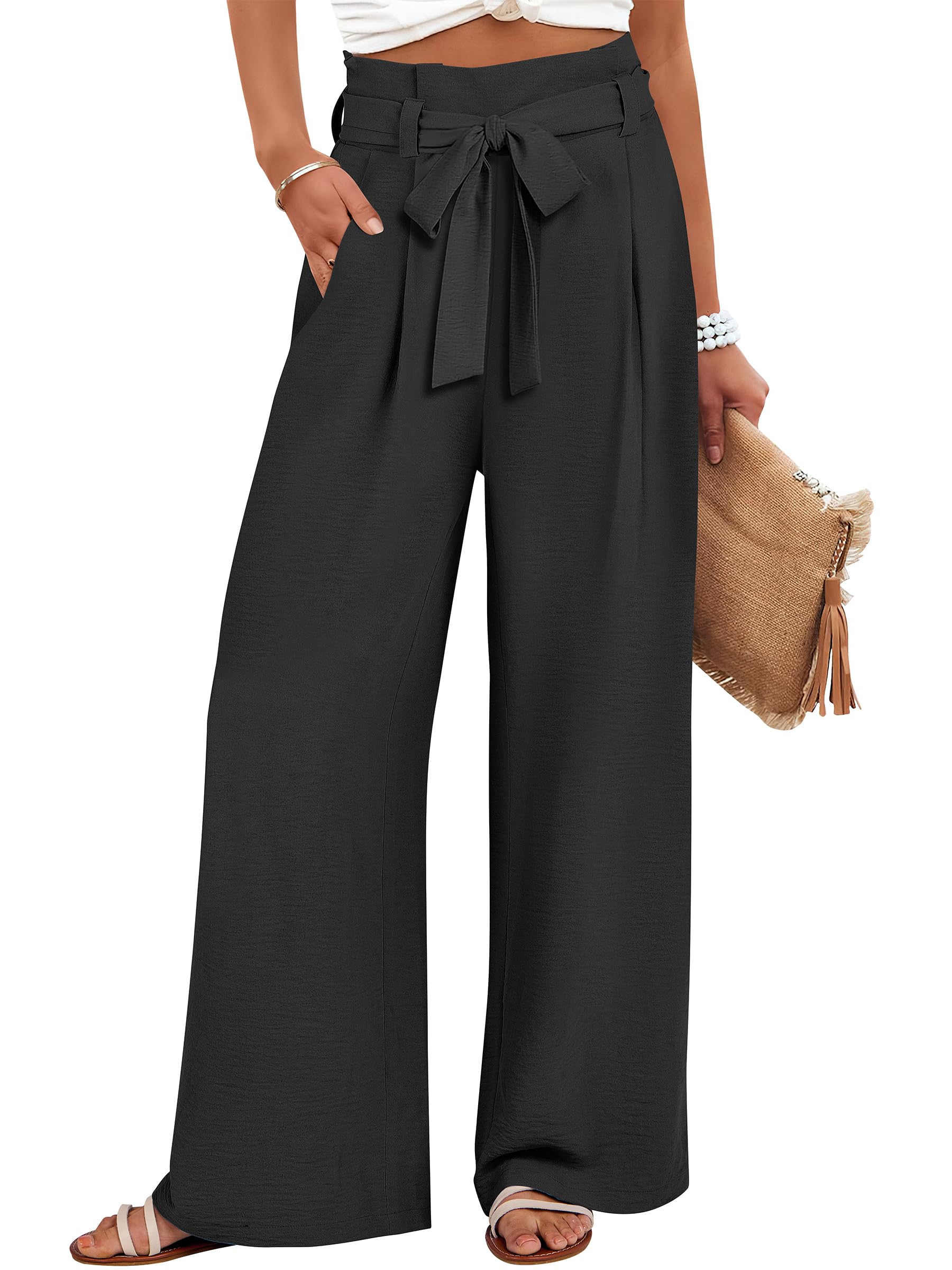 Womens Wide Leg Palazzo Pants Belted High Waisted Business Casual Flowy Long Trousers with Pockets