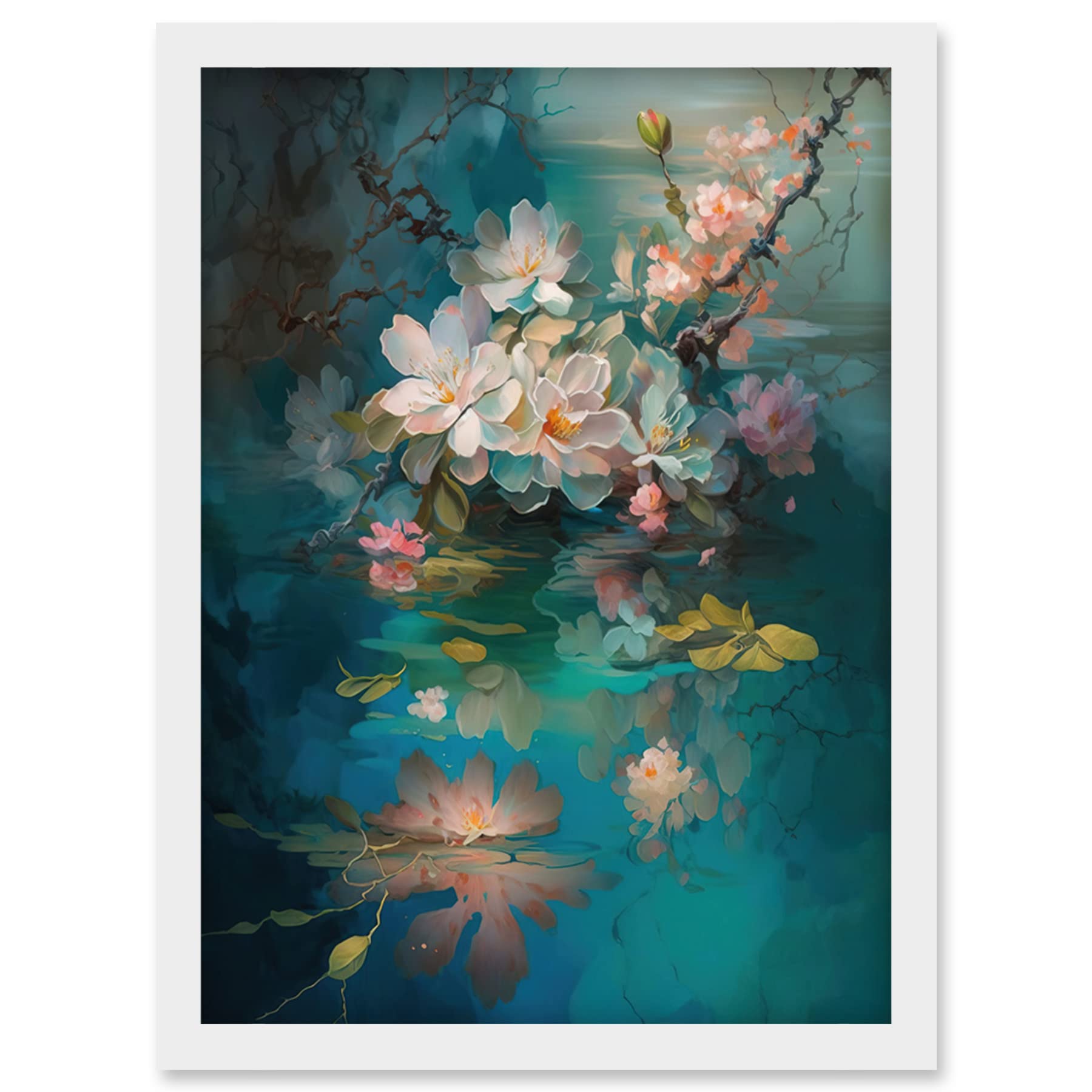 Artery8 Low Hanging Cherry Blossom Branch in River Stream Modern Watercolour Painting Artwork Framed Wall Art Print A4