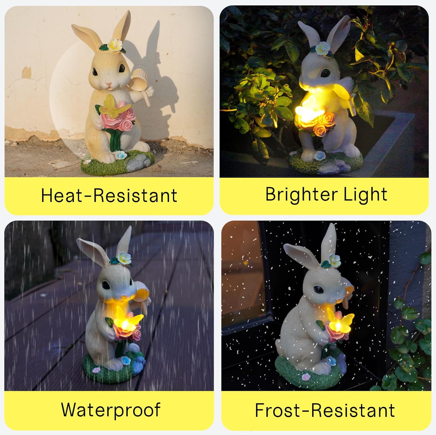 Garden Statues Rabbit with Solar Light,Bunny Outdoor Garden Decor Ornaments for Patio Yard Art,Birthday Easter House Warming Garden Gift for Women Mom,Resin Animal Figurine with Wider Base