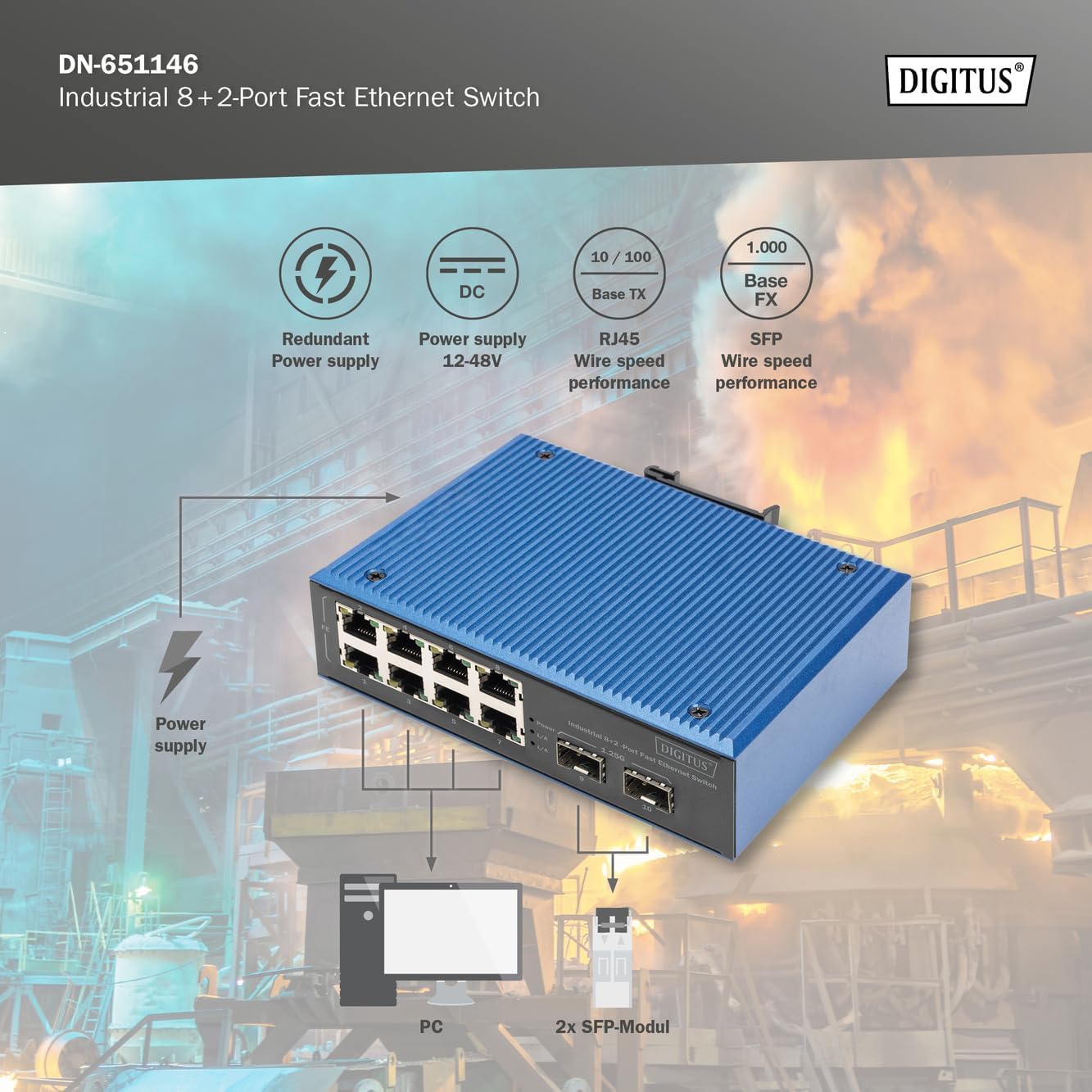 DIGITUS industrial 10 port Fast Ethernet network switch - 8x RJ45 + 2x Gigabit SFP uplink - IP40 protection class - DIN rail mounting - 10/100 Mbps - Plug & Play
