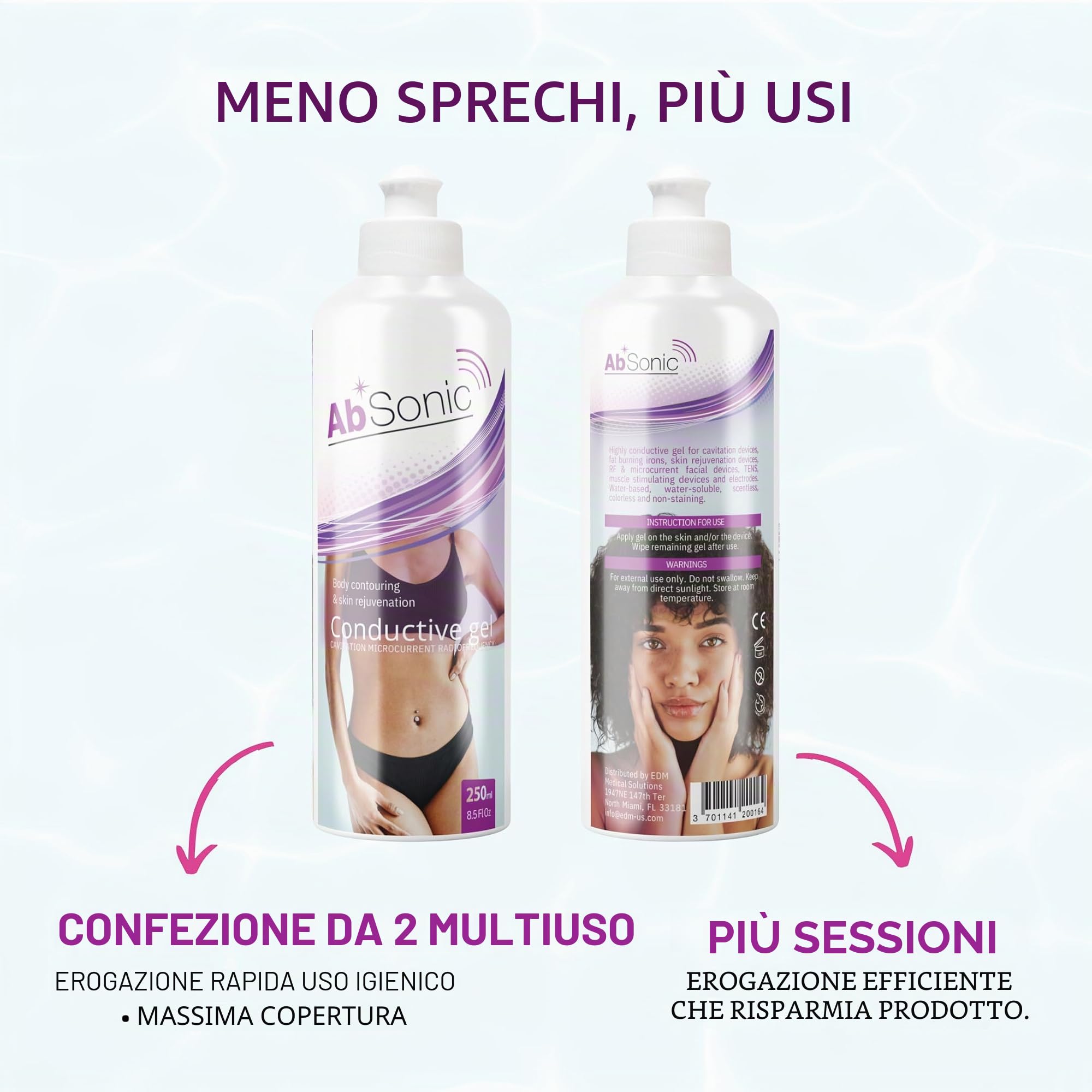 AbSonic - Gel Conduttore per elettrostimolazione, elettrodi, cinture addominali elettrostimolatore, TENS, EMS - 2x250ml