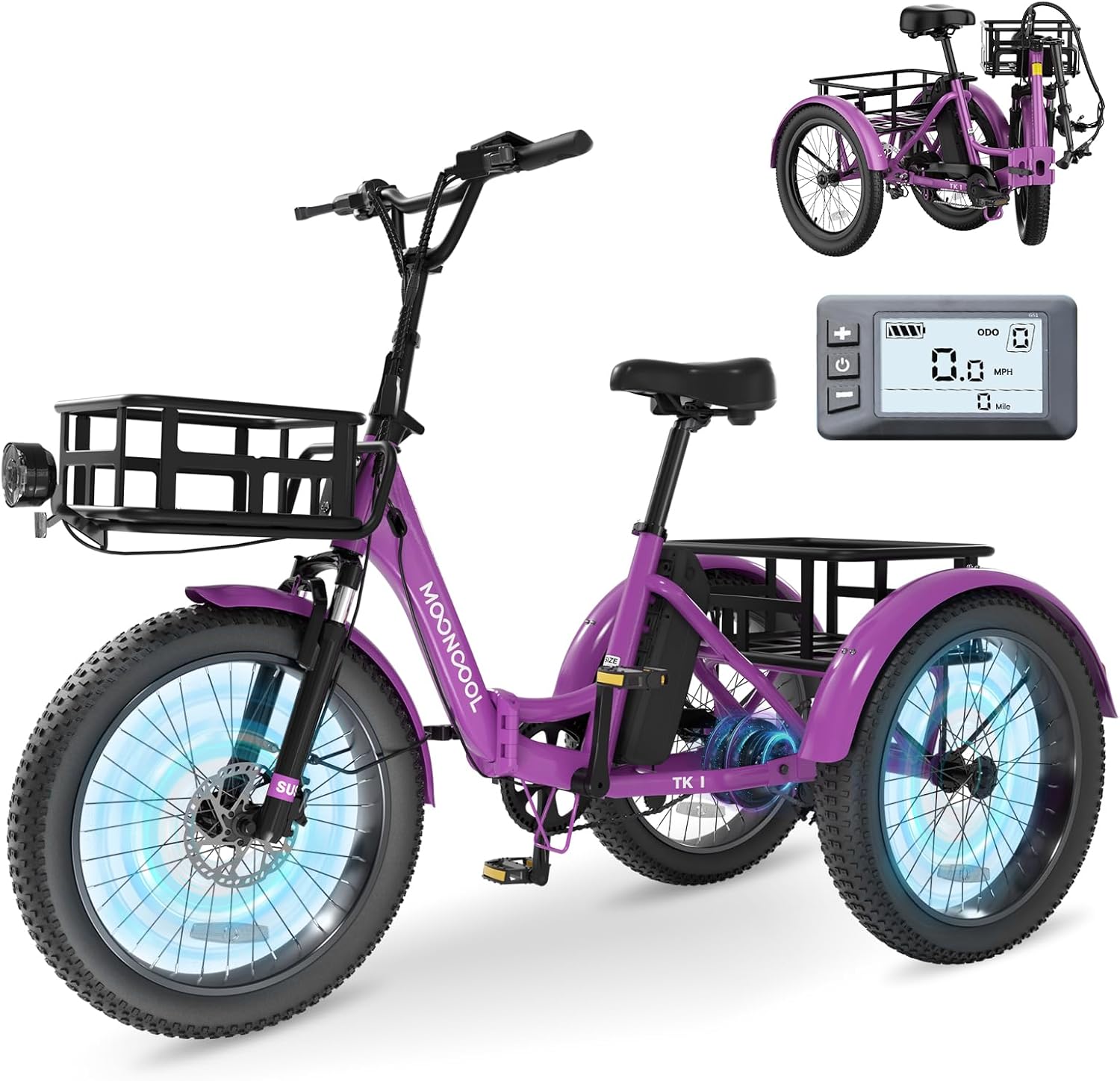 MOONCOOL Electric Tricycle for Adults, 500W/750W 48V 20" Folding Electric Trike Peak Power 1100W, 3 Wheels Electric Bicycle, Aluminum Frame Electric Tricycle with Large Basket and Removable Battery