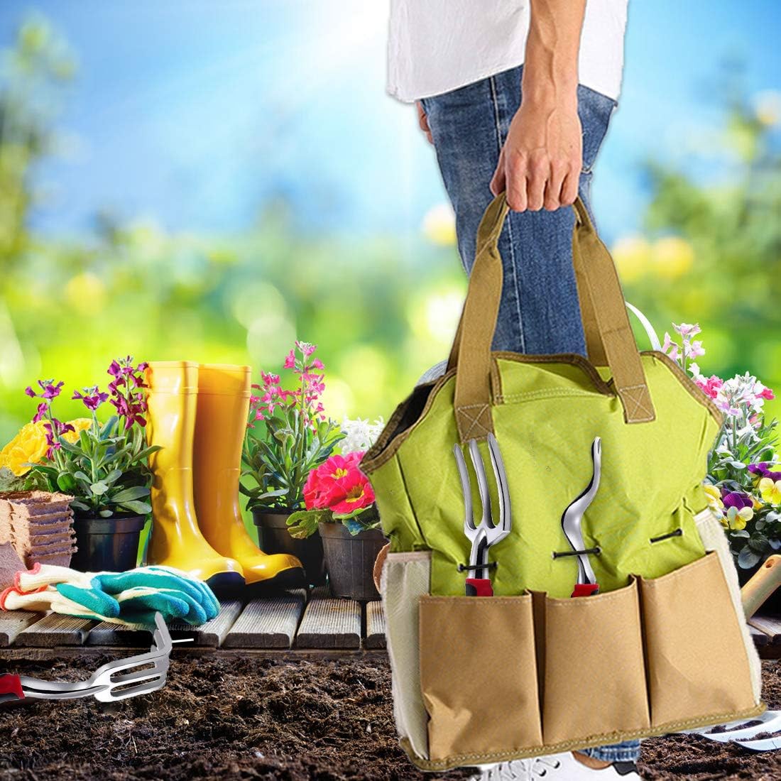 ガーデンツールセット、7個 ヘビーデューティー ガーデニングハンドツールセット 剪定ばさみ、滑り止めハンドルツール、ガーデニング手袋