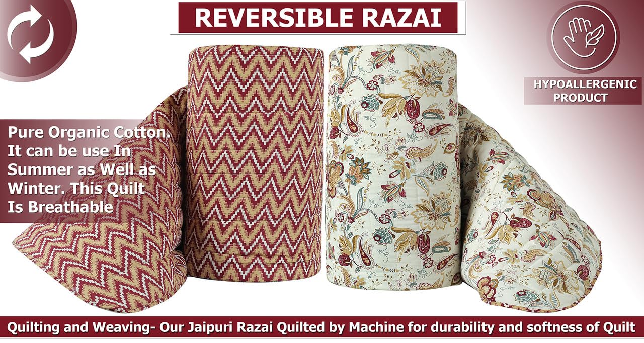BSB HOME Famous Jaipuri Beautiful Floral & Zigzag Print in White and Maroon Jaipuri Rajai/Razai/Quilt Double/King Bed Quilt/Comforter/Ac Quilt/Ac Comforter, Cotton, Lightweight Pack of 1, 400 GSM