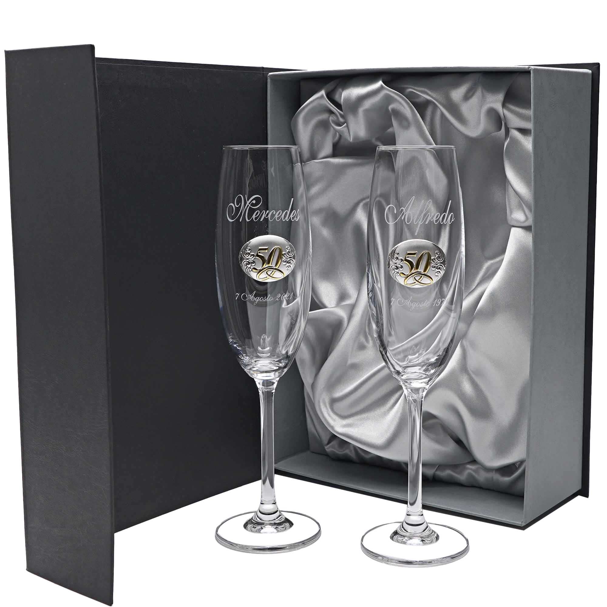 Gala&K | Set de 2 copas de cristal para champán | Para novios | Bodas de plata/oro | Aniversarios | Aplique bilaminado | Colección GASTRO-50 ANIVERSARIO+GRABADO LASER | Grabación personalizada.