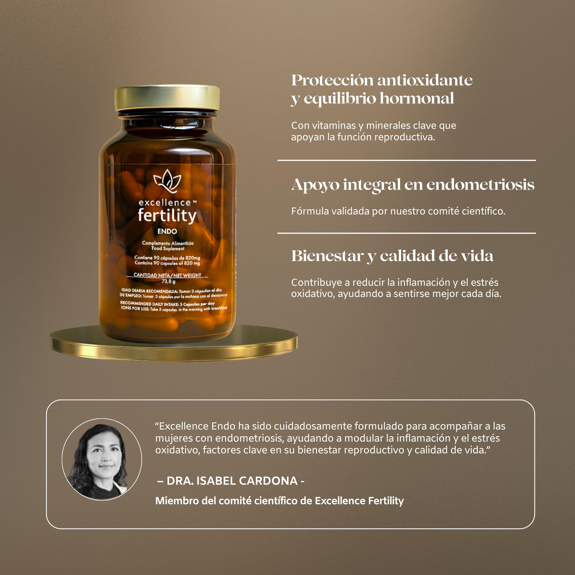 Excellence Endo - Suplemento Natural para Endometriosis - Apoyo Antioxidante y Hormonal con Resveratrol, Cúrcuma, Quercetina, Té verde, Sauzgatillo, NAC y Magnesio | EXCELLENCE FERTILITY