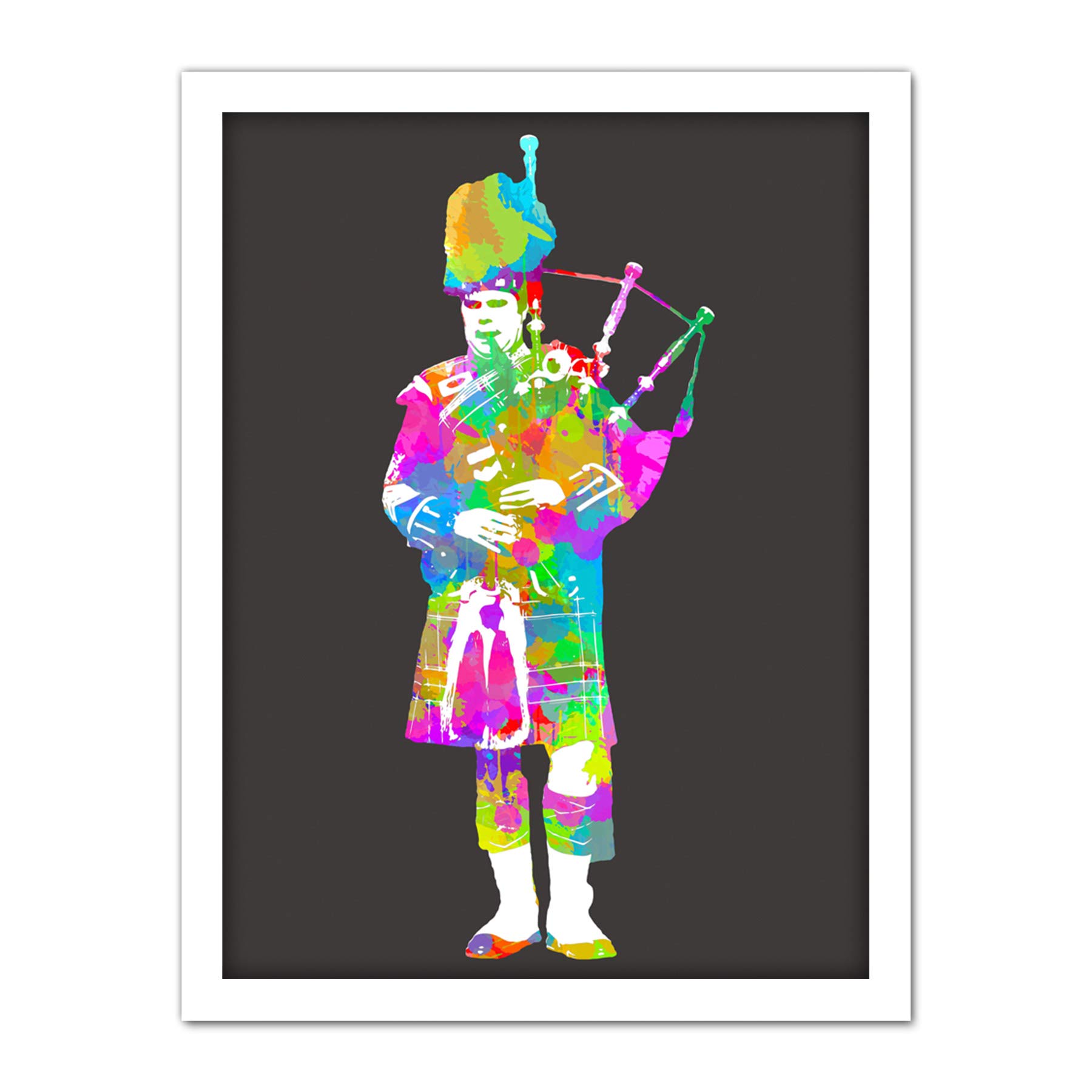 Wee Blue Coo Colourful Piper Bagpipes Scotland Artwork Framed Wall Art Print 18X24 Inch