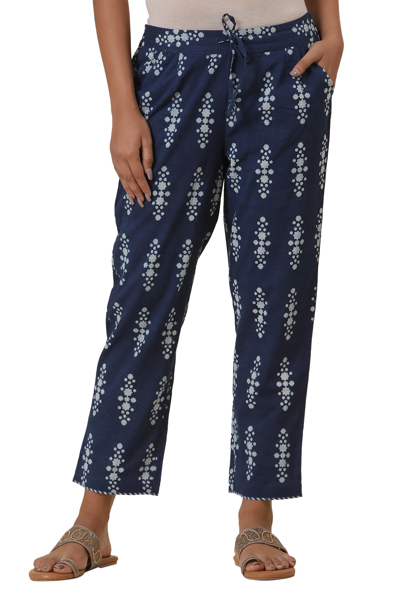 w for woman Folksong Blue Printed Cotton Straight Pant-picture-11
