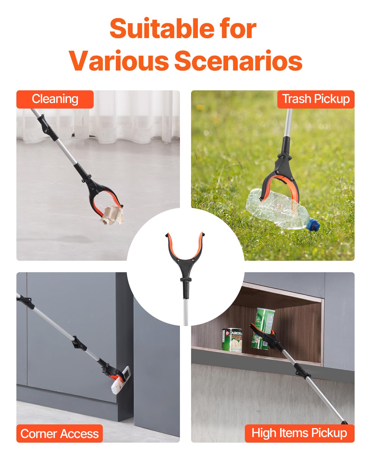 VEVOR Greifwerkzeug, 109,2 cm, faltbar, Greifzange mit 360° drehbarer Backe, Magnet und LED-Licht, leichter Greifzange für Senioren, extra langer Müllpicker, oberer Greifer