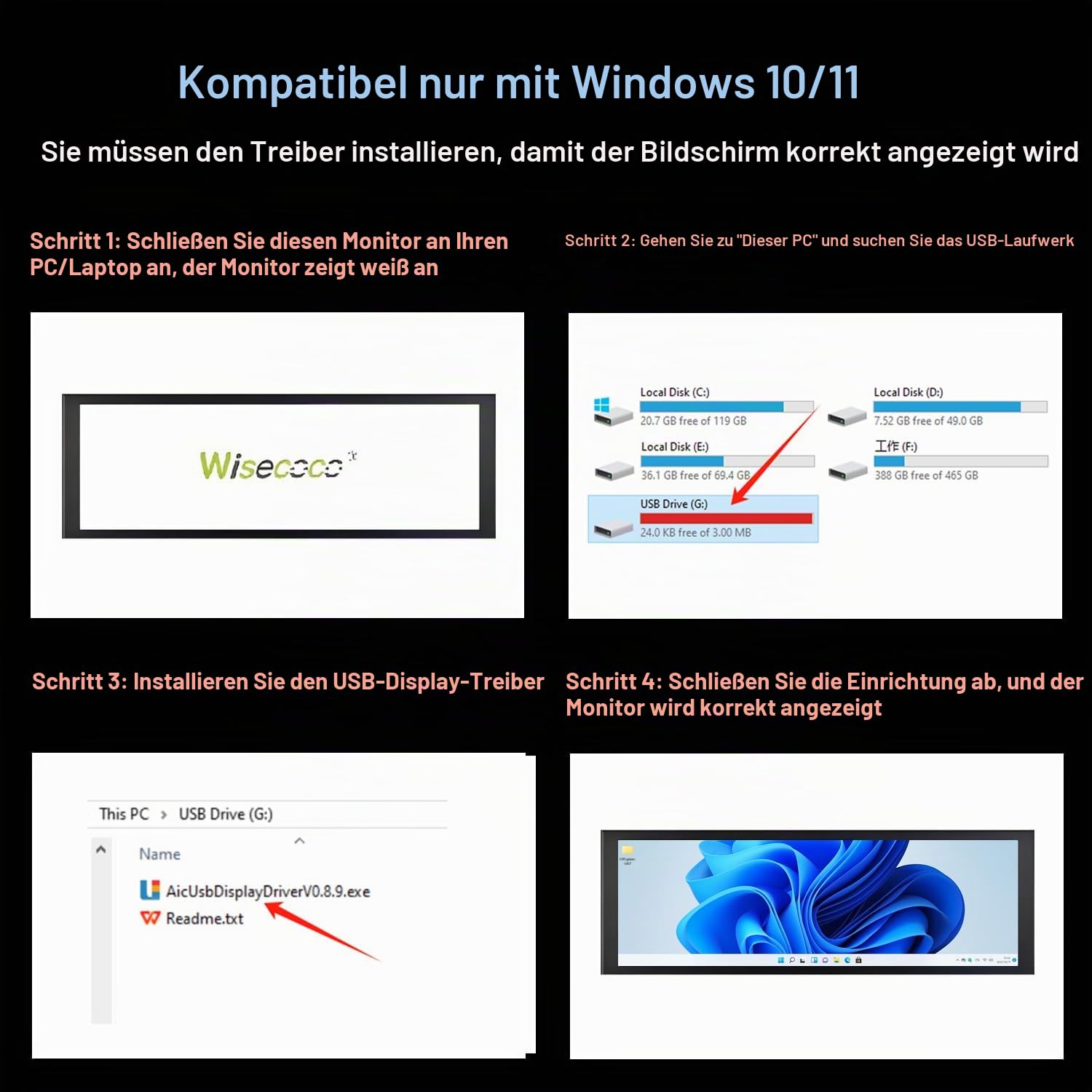7,84-Zoll-Mini-Monitor HD IPS 1280x400 Zweitbildschirm mit gestrecktem Balken-LCD-Display für Laptops Geschwindigkeit, Temperatur, für Windows 10/11 Only, Kompatibel mit AIDA64 (Drittanbieter)