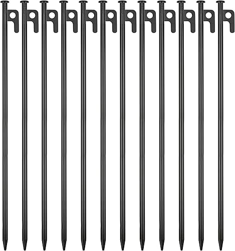 Paquete de 12 estacas de metal resistentes para tienda de campaña para camping, estacas de acero de 16 pulgadas, irrompibles e inflexibles