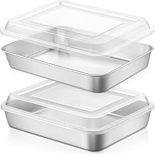 LIANYU 2 Pack Stainless Steel Baking Pan with Lid, 1213 x 934 x 2 Inch Rectangle Sheet Cake Pan, Lasagna Brownie Bakeware Set with Cover, Non-Toxic & Dishwasher Safe 2 Pans + 2 Lids