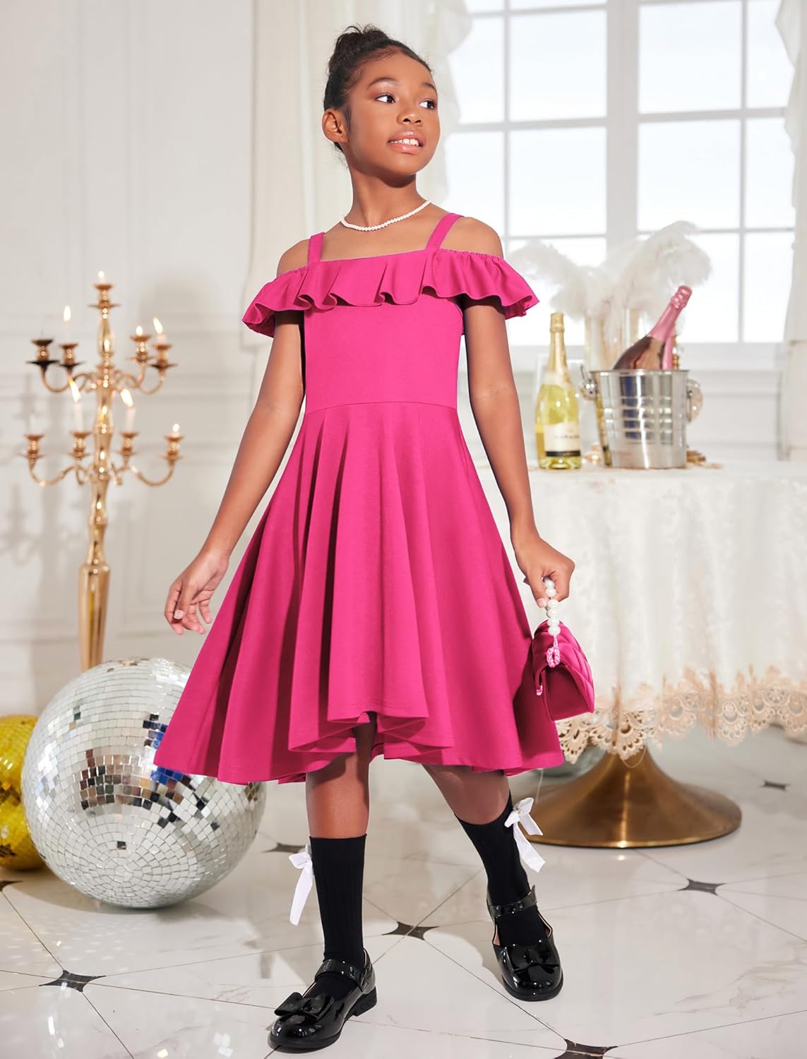 Arshiner Girls Summer Dress Off Shoulder Flutter Sleeve Midi Swing Cassual Formal Dresses with Pocket - Image 2