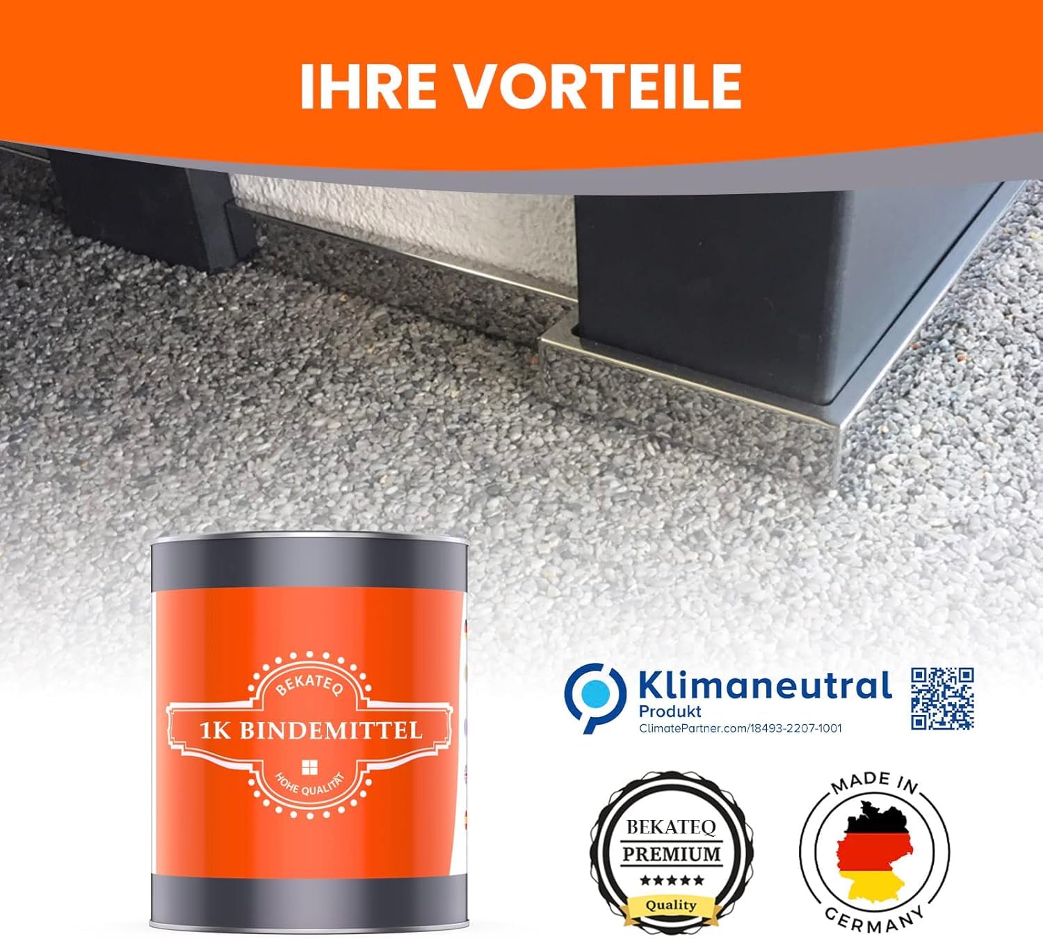 Steinteppich aussen bis 2,5qm - 25kg Marmorkies in Botticino + 1K PU Kleber Bindemittel 1kg - Wetterfest, UV-fest, wasserabweisend, hitzebeständig, kältebeständig - BEKATEQ BK-605PU