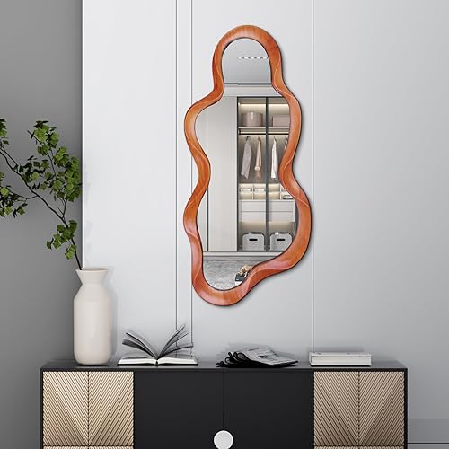 Miniatura 4 de Espejo de pared irregular de 48 x 22 pulgadas, espejo de pared con marco de madera de nogal, espejo ondulado de pared asimétrico para sala de estar,