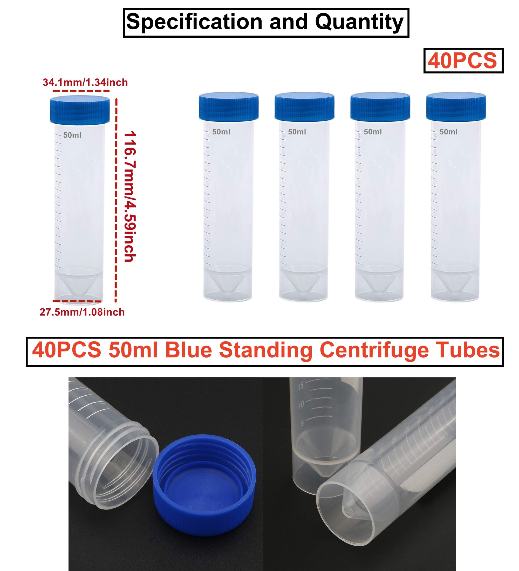 HUAZIZ 40 probówek wirowniczych 50 ml plastikowych niebieskich do laboratorium chemicznego