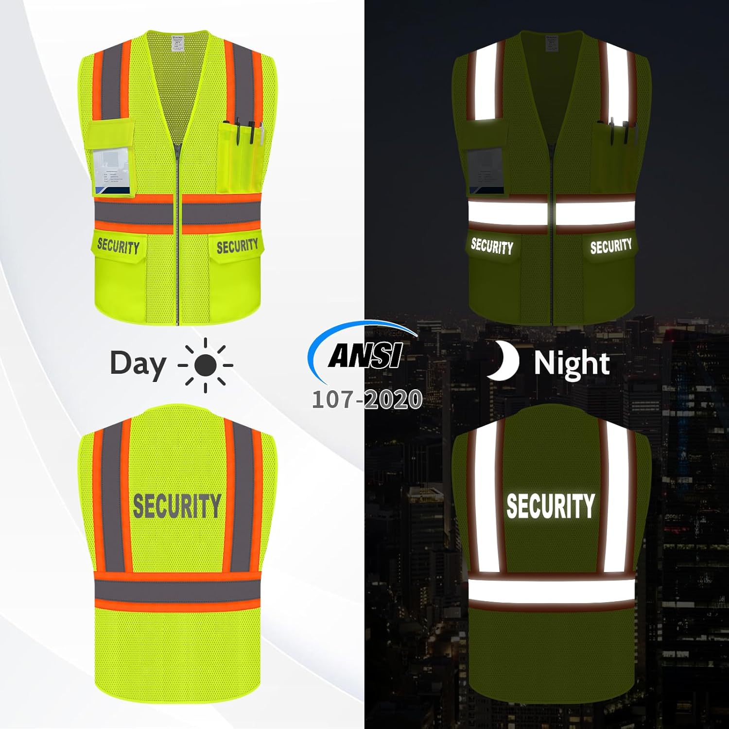 Security Vest for Security Guard, Safety Vest with Pockets, High Visibility Work Vest with Reflective Strips, Mesh Design, ANSI Compliant, Yellow, L - Image 2