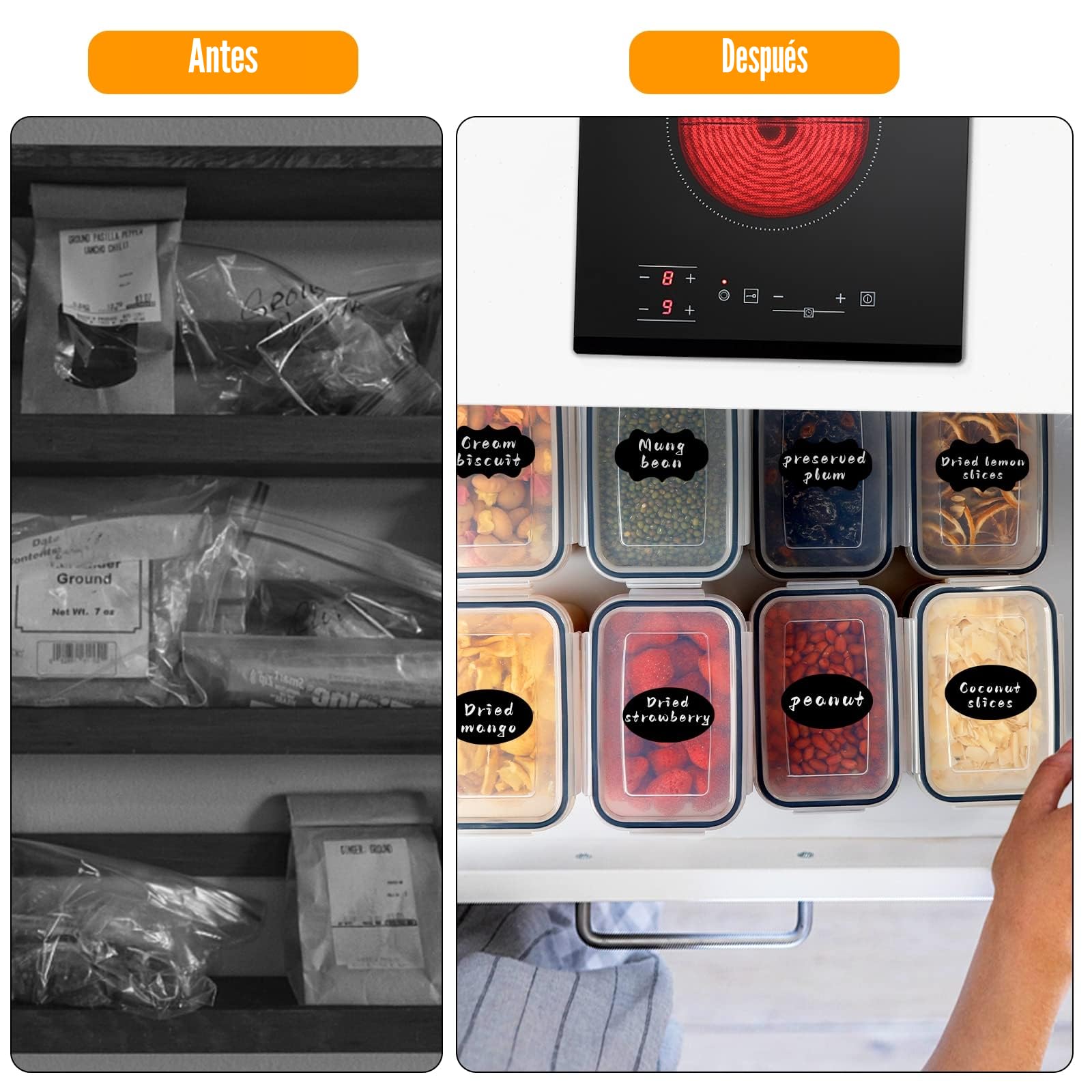 Juego de 24 tarros de almacenamiento con tapa, herméticos de plástico, para cereales (2 L, 1,4 L, 0,8 L)