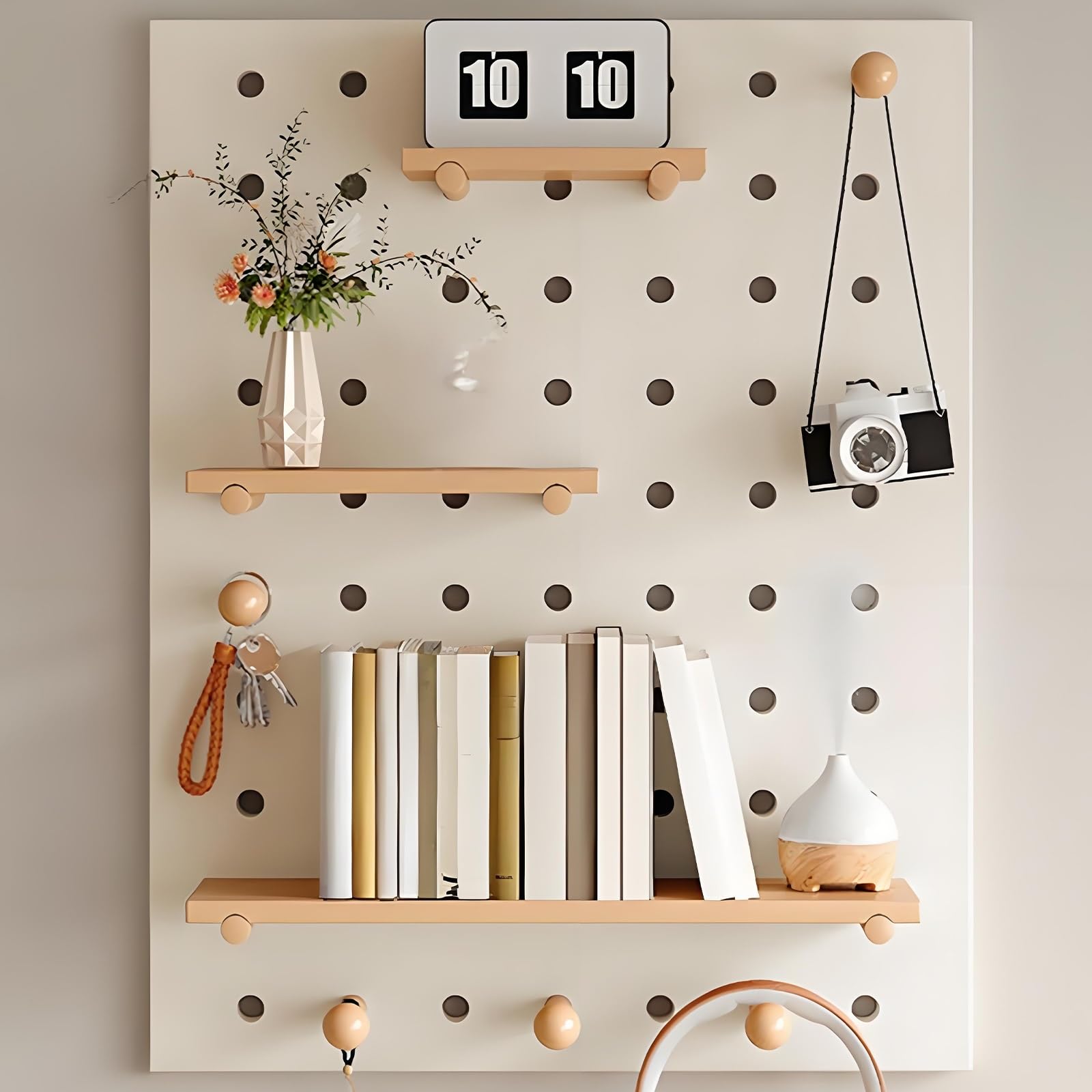 Lochwand Aus Holz für Schlafzimmer, Arbeitszimmer, Büro, Badezimmer, Wandmontage, Stabile Stecktafel mit 3 Ablagen und 11 Kleinen Zubehörteilen(White)