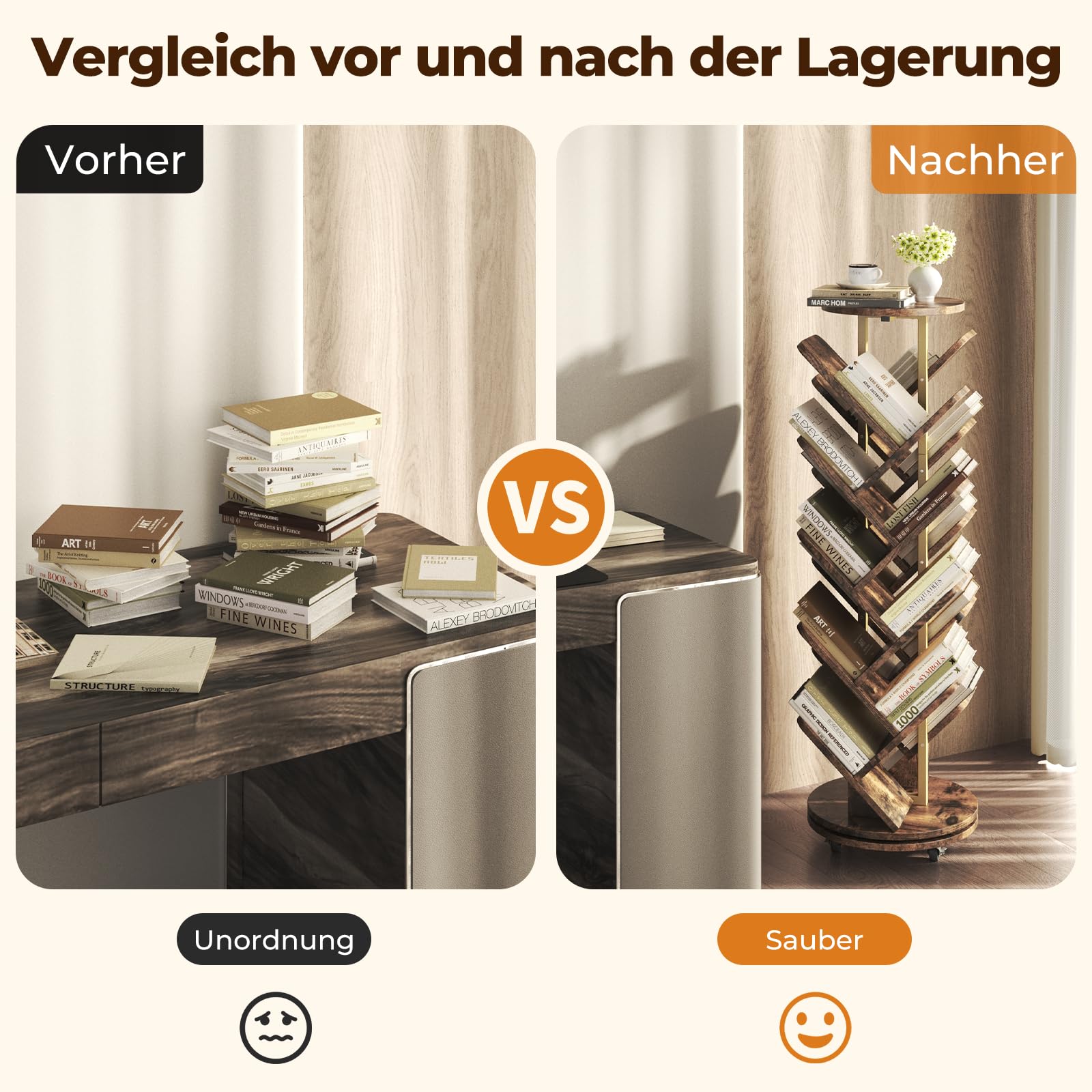 HOMRELEXA 360° Drehbares Bücherregal Baumform, Bücherregal Drehbar Standregal Multifunktionales 17 Ebenen, Beweglich und Feststellbar, für Wohnzimmer Büro Schlafzimmer, 40x40x127cm, Braun