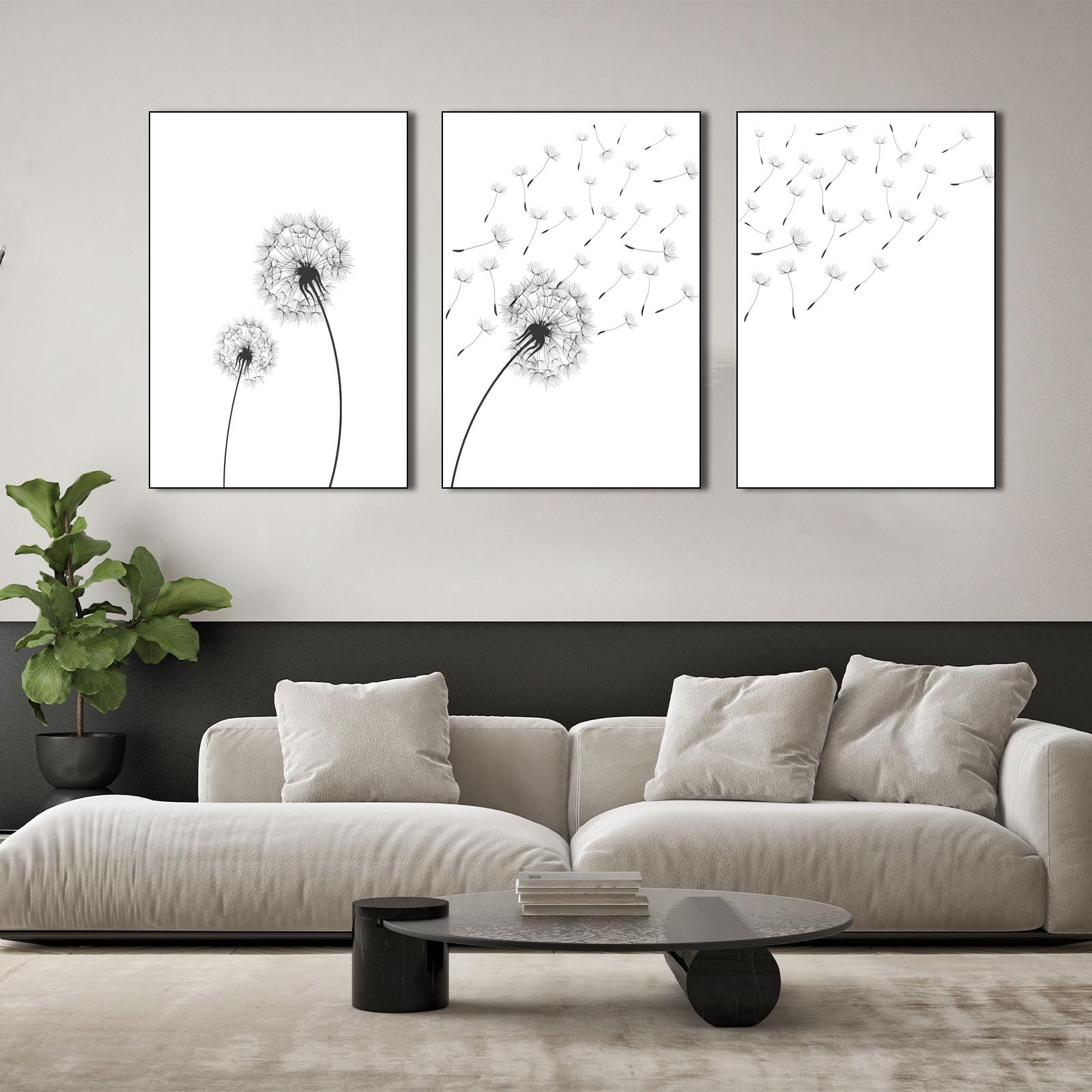 WZXGHE Lienzo de diente de león, diseño de diente de león, diseño de flores estéticas en blanco y negro, juego de pósteres modernos para salón, dormitorio, sin marco (C, 3 x 40 x 60 cm)