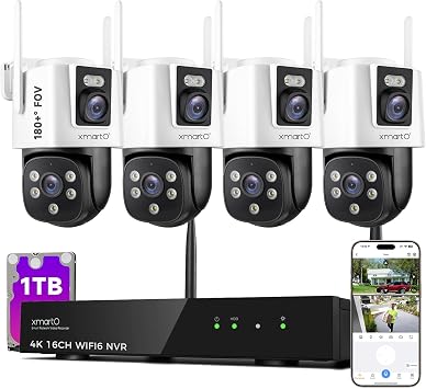 xmartO 4 Dual-Lens Wireless Camera Kit, 8-View WiFi6 Mesh Long Range Security System, 16CH 4K Dual Band NVR, 4MP 180 Static FOV & 360PTZ AI Tracking, 24/7 Plug-in, 1TB HDD, No Monthly Fee
