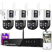 xmartO 4 Dual-Lens Wireless Camera Kit, 8-View WiFi6 Mesh Long Range Security System, 16CH 4K Dual Band NVR, 4MP 180&deg; Static FOV &amp; 360&deg;PTZ AI Tracking, 24/7 Plug-in, 1TB HDD, No Monthly Fee
