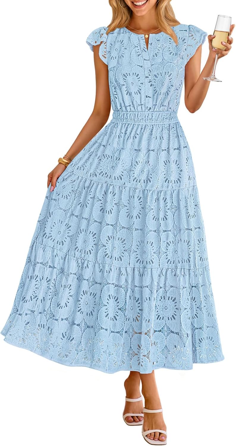MEROKEETY Women's Summer Lace Eyelet Maxi Dress 2026 Spring Casual Boho Flutter Sleeve Tiered Flowy Beach Vacation Dresses