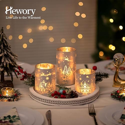 Miniatura 3 de Hewory Centro de mesa de candelabros de Navidad decoración navideña de ciervos de casa de nieve plateados, portavelas de cristal de huracán, juego