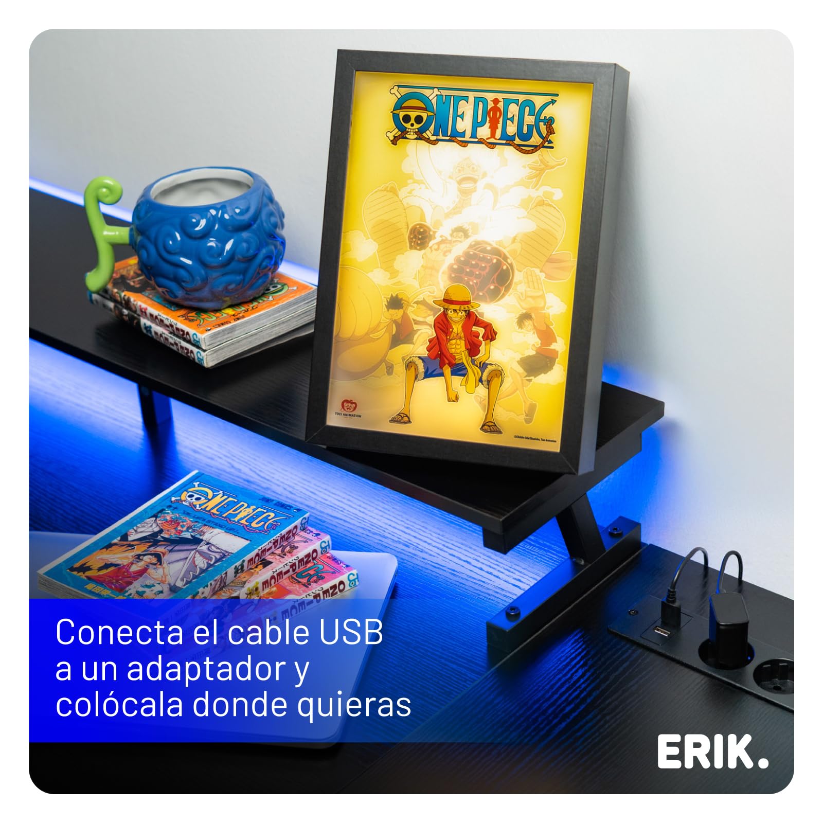 Cuadro One piece Manga - Poster enmarcado con LUZ LED para Decoracion Hogar o Set Up Gaming | One Piece Merchandising Regalos para Fans del Manga y Anime | 3 Tonos Luz y 5 Niveles Brillo (20x28cm)