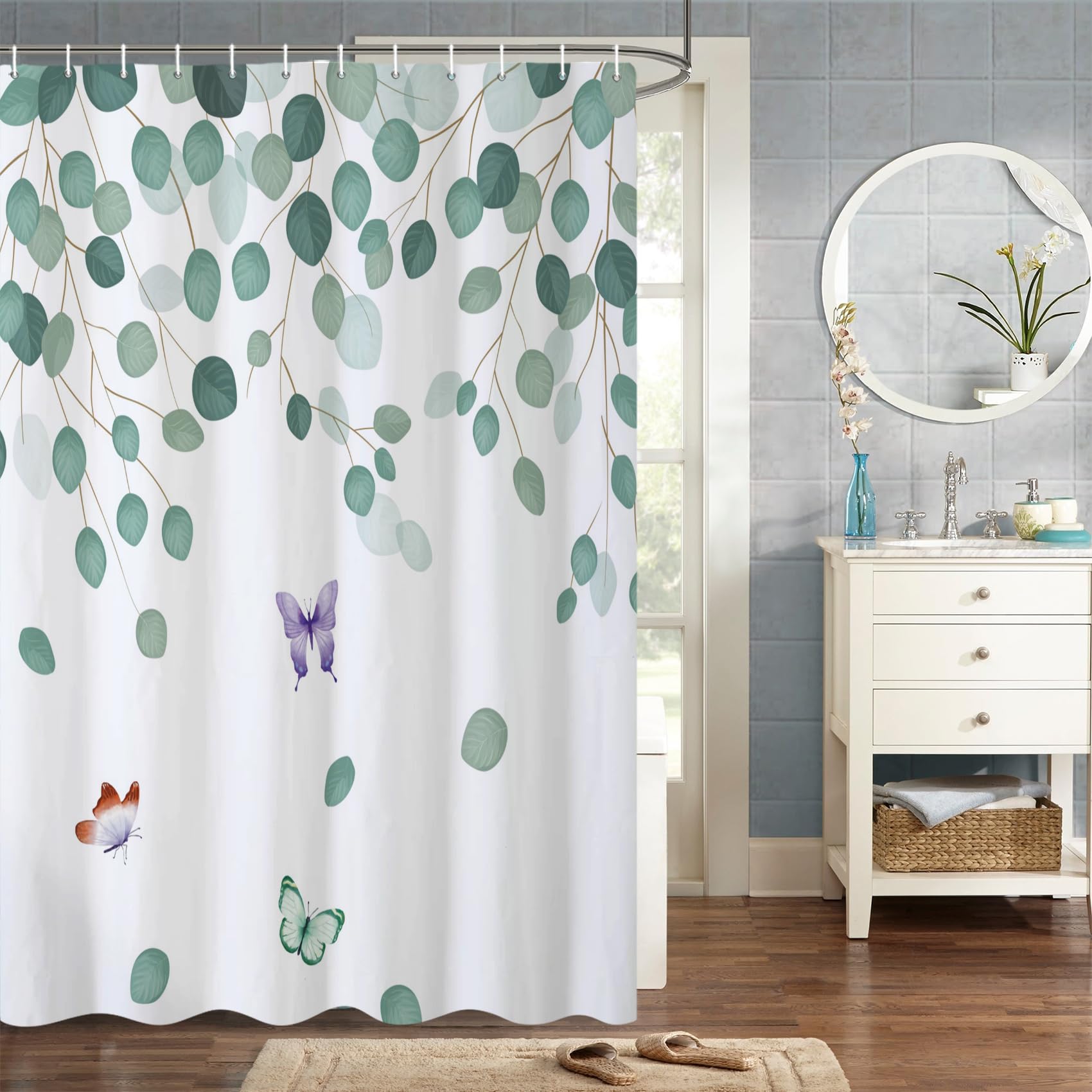 CHULEAG Duschvorhang-Set Mit Natur-Design – Grüne Blätter & Schmetterlinge, Wasserdicht, 183,9x183,9 Cm, 12 Haken