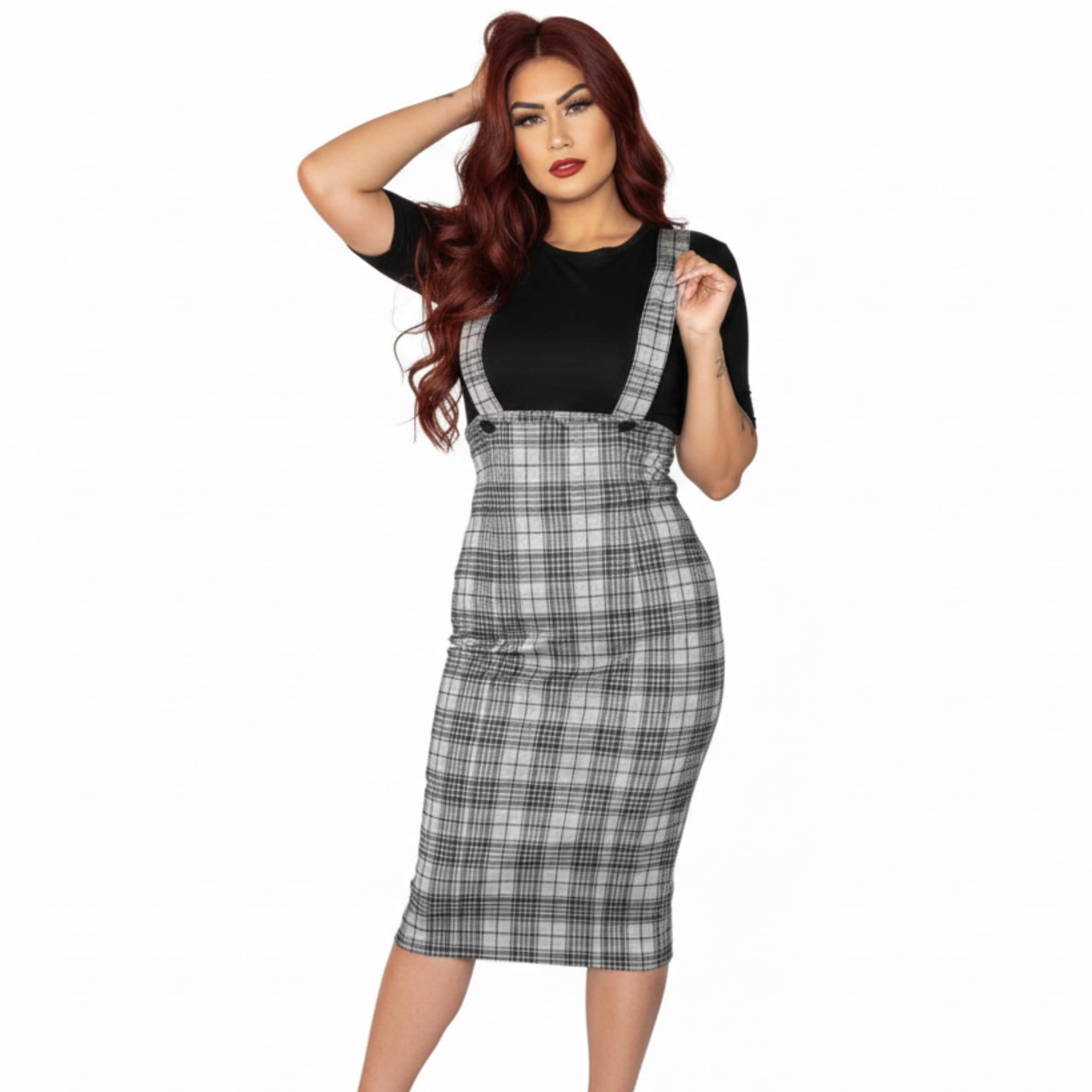 Tatyana Retro Pencil Jumper, Grey and White Check Pattern, Adjustable Straps, 1950s Vintage Style, High-Waisted: Small Plaid