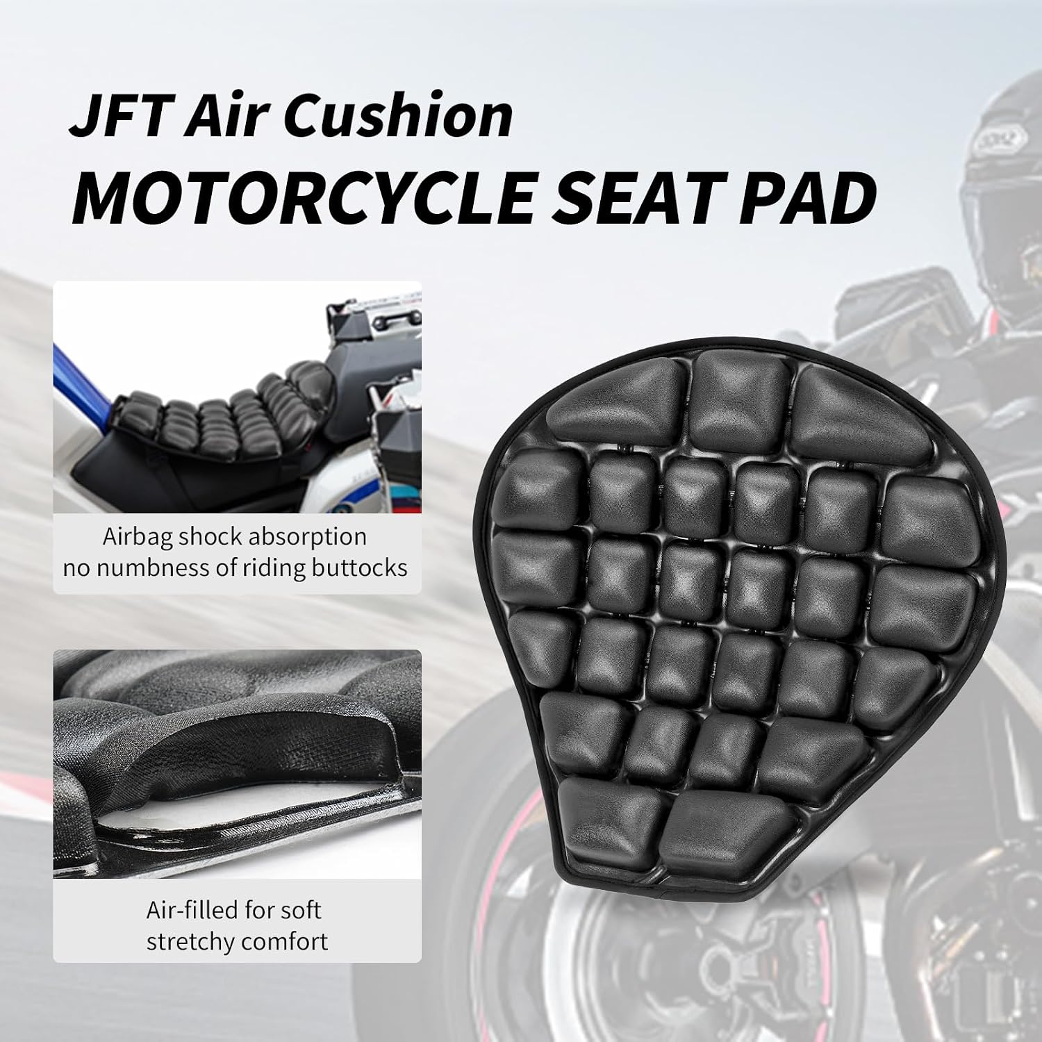 JFT Motorcycle Seat Cushion Covers Inflatable Pad, Pressure Relief Ride Motorcycle Air Cushion Saddles Compatible with Harley Davidson Motorcycle (Black)