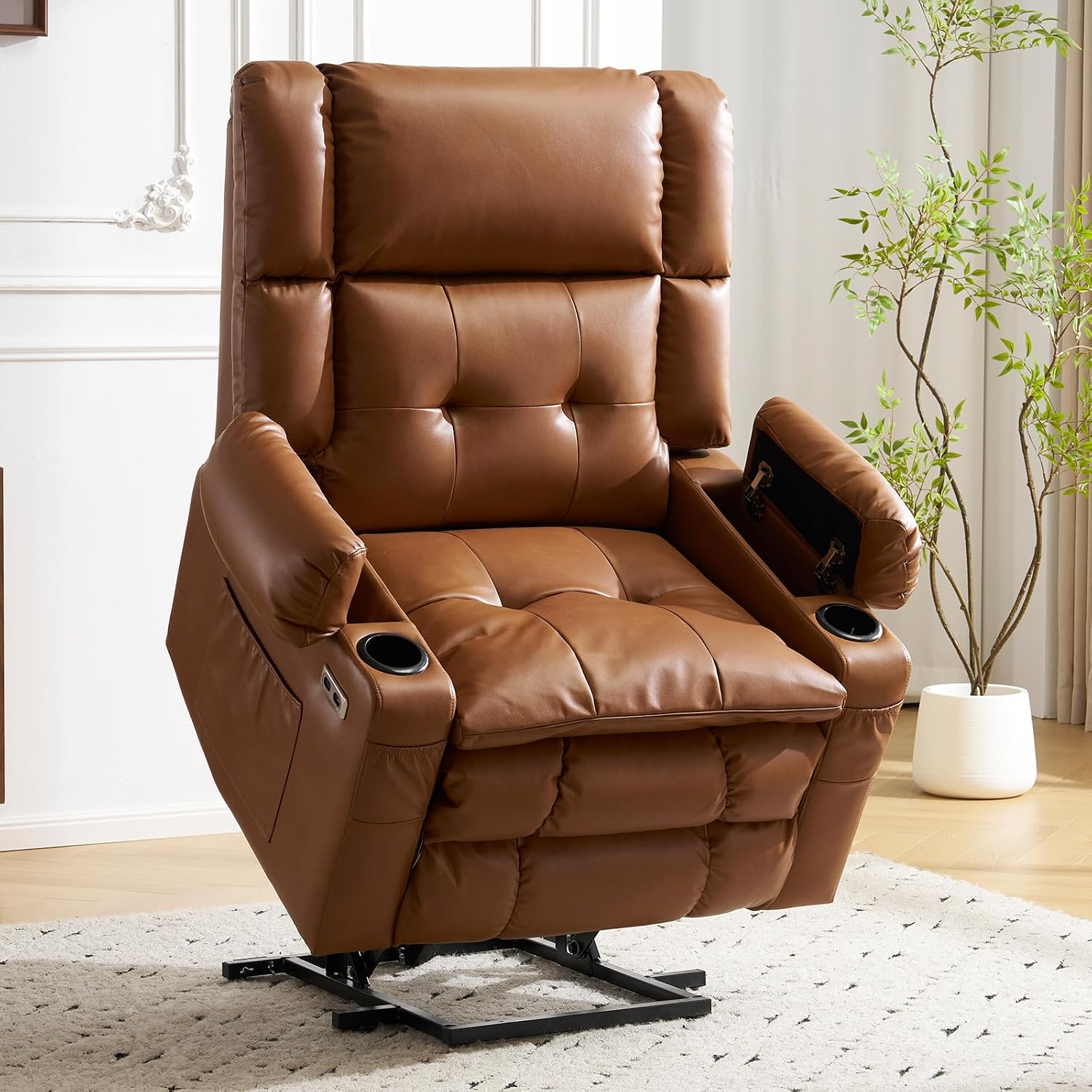 Oversized Lift Chair for Elderly with Massage and Heat, Dual Motor Power Lift Recliner Chair with Arm Storage, Lay Flat Recliner for Living Room, Big Tall, Infinite Position, Camel
