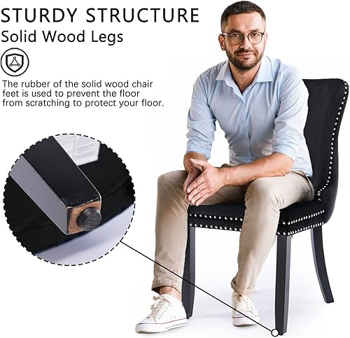 Miniatura 6 de DKLGG Juego de 2 sillas de comedor tapizadas con respaldo de ala sillas de comedor acogedoras con ribete de cabeza de clavo y patas de madera maciza