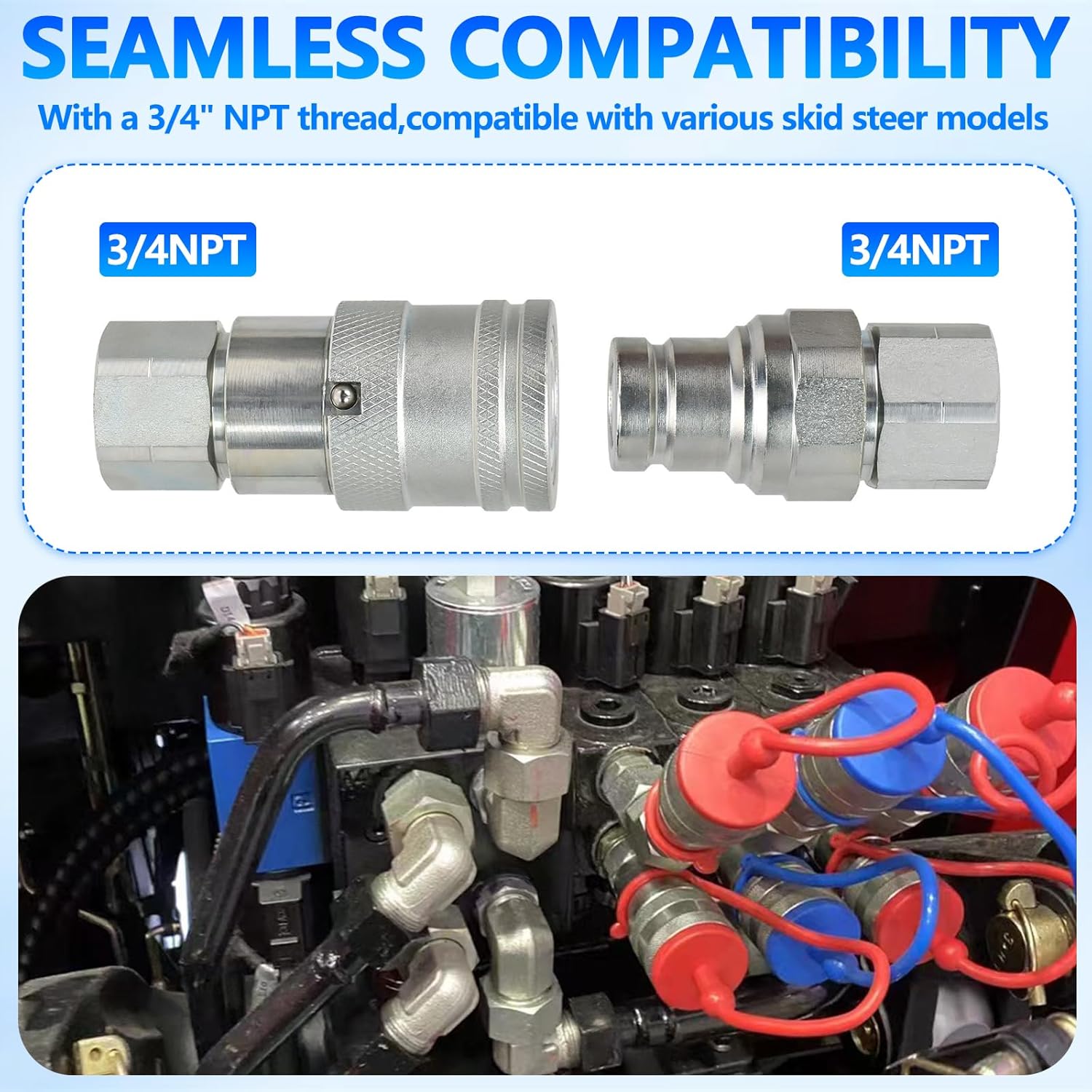 3/4’’ NPT Flat Face Hydraulic Quick Connect Couplers/Couplings with Dust Caps, The Universal Bobcat Flat Face Quick Connect Fittings with with 1/2" Body ISO 16028 Standard